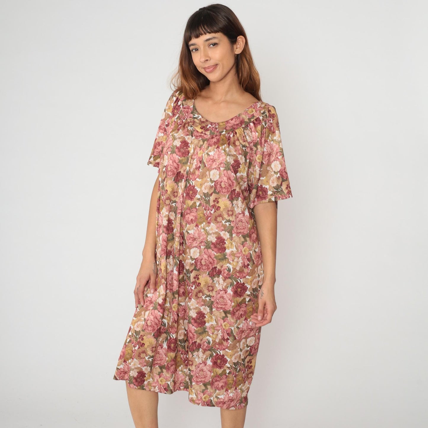 80s Floral Muumuu Dress Pink Burgundy Flutter Sleeve Scoop Neck Large