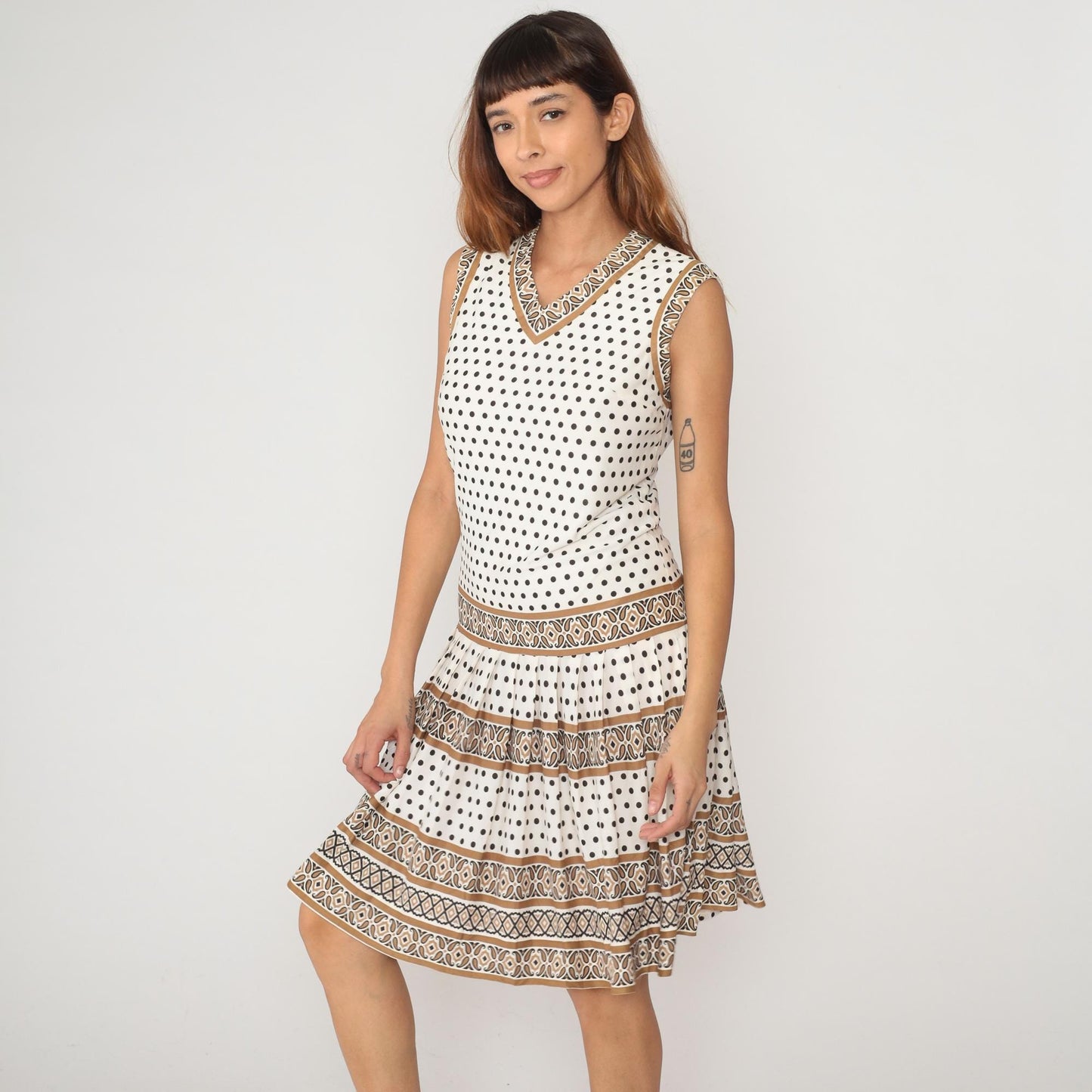 60s Sacony Ciella Drop Waist Shift Dress Cream Brown Polka Dot Small