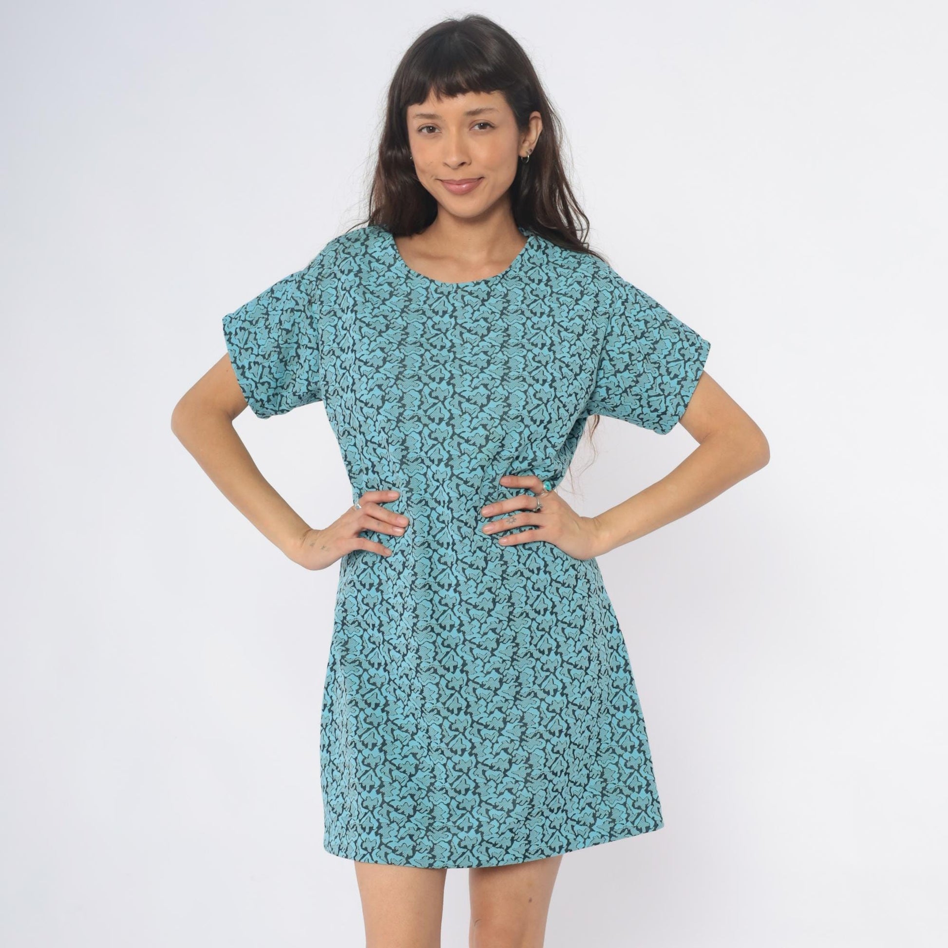 1960s Turquoise Shift Dress Black Floral Damask Print Mini Short Sleeve Large L
