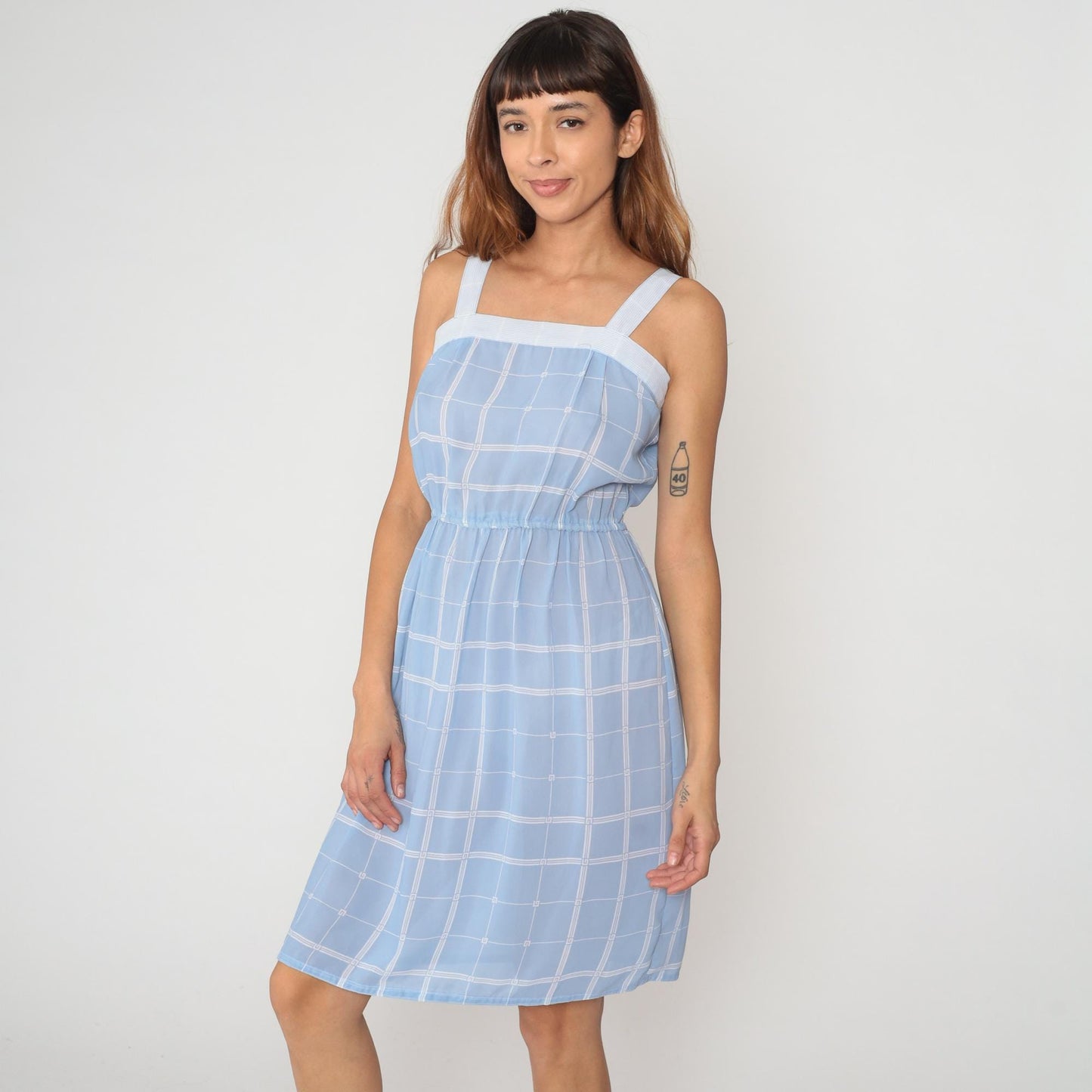 80s Light Blue Windowpane Check Sundress Square Neck Spaghetti Straps Small
