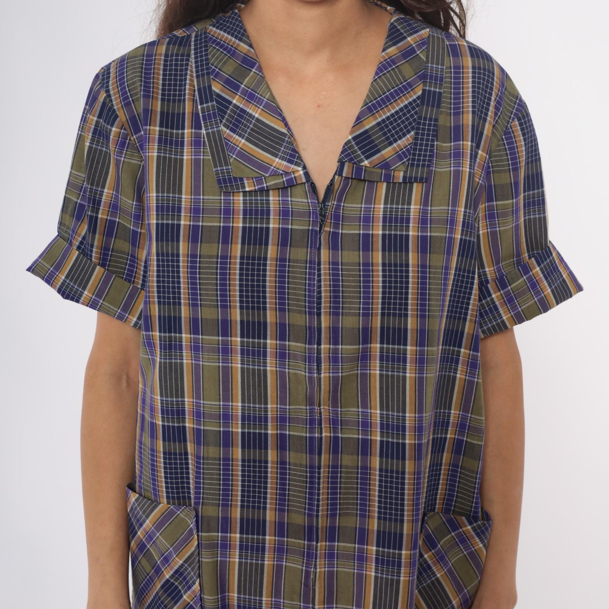 80s Zip N Dash Plaid Shift Dress Collared Pockets Navy Olive Extra Large