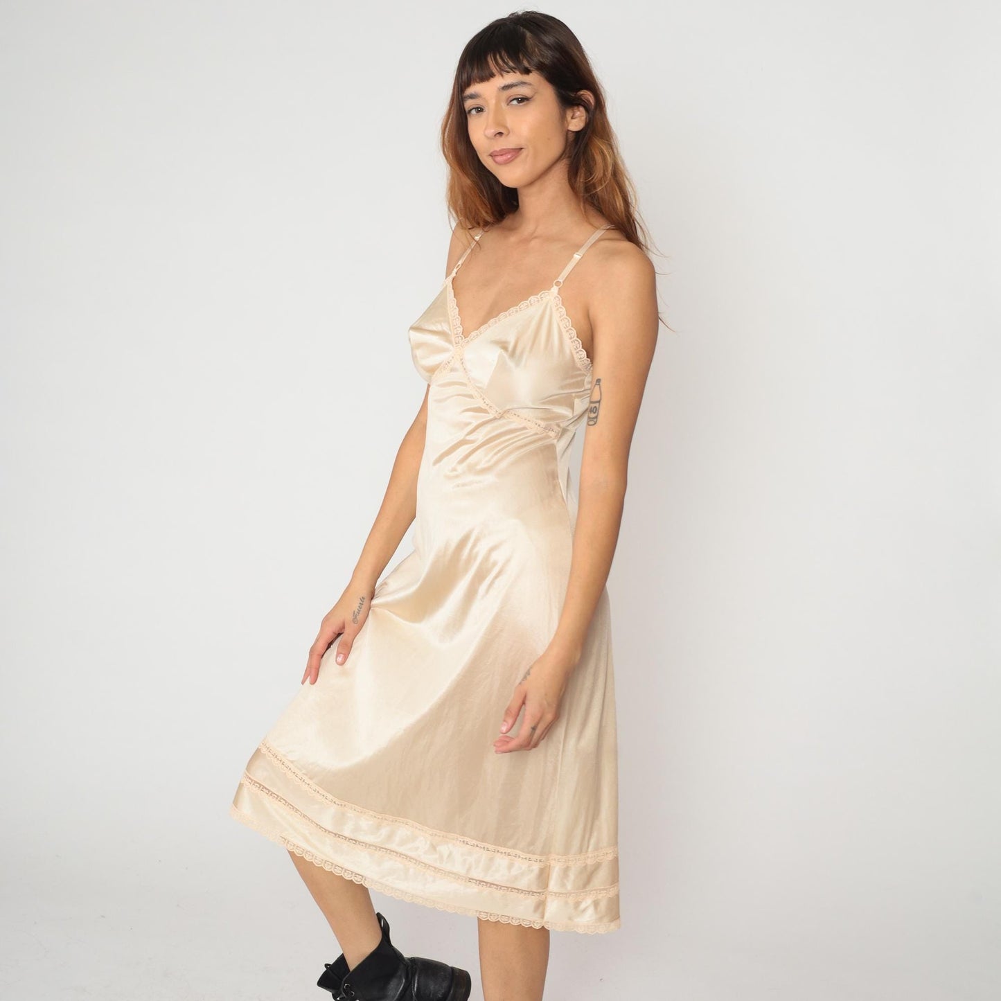 70s Cream Satin Slip Dress Sears Lace Trim Spaghetti Strap Small