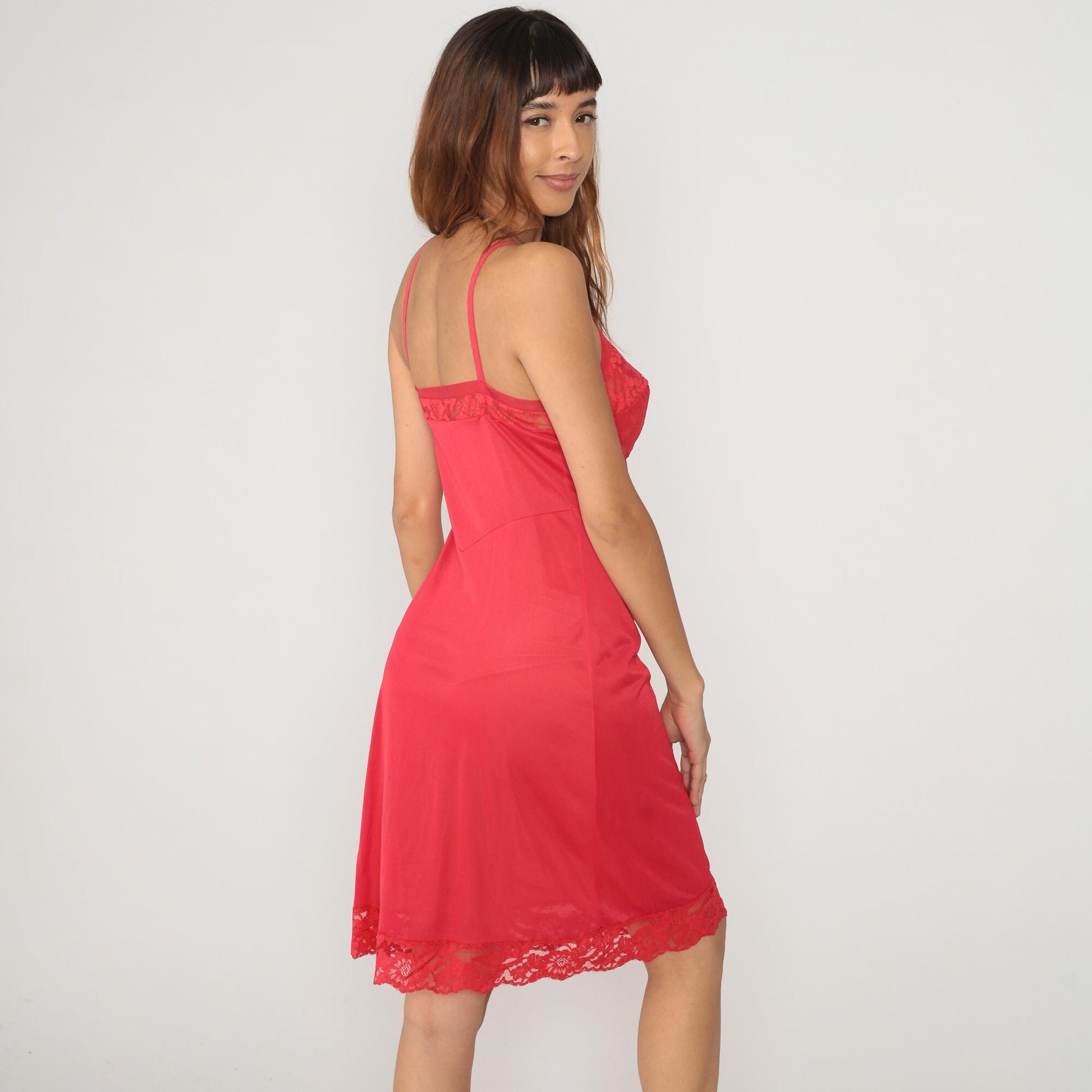80s Warners Red Lace Slip Dress Knee Length Nylon Spaghetti Strap Medium