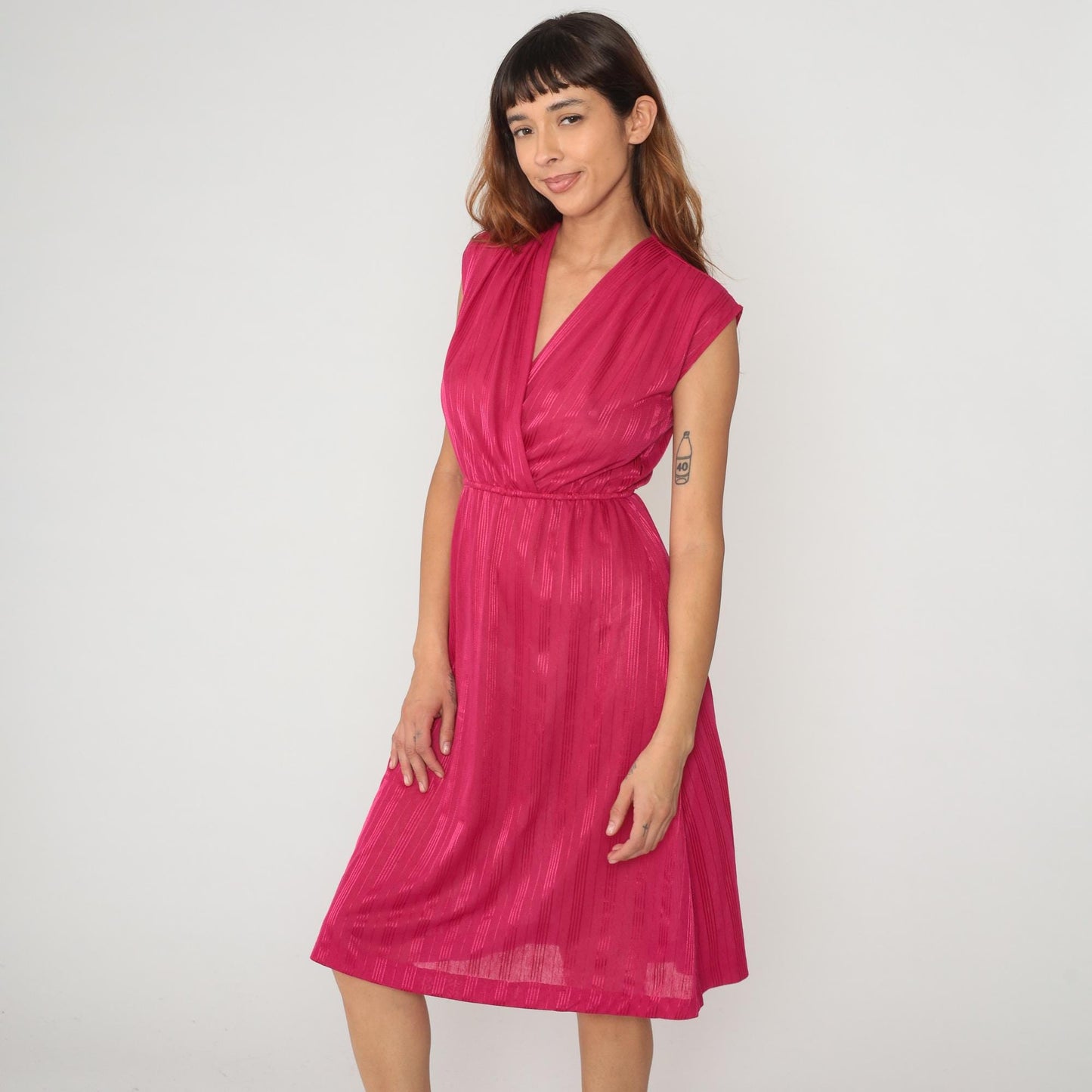 80s Hot Pink Wrap Dress V-Neck Knee Length Striped Small Medium