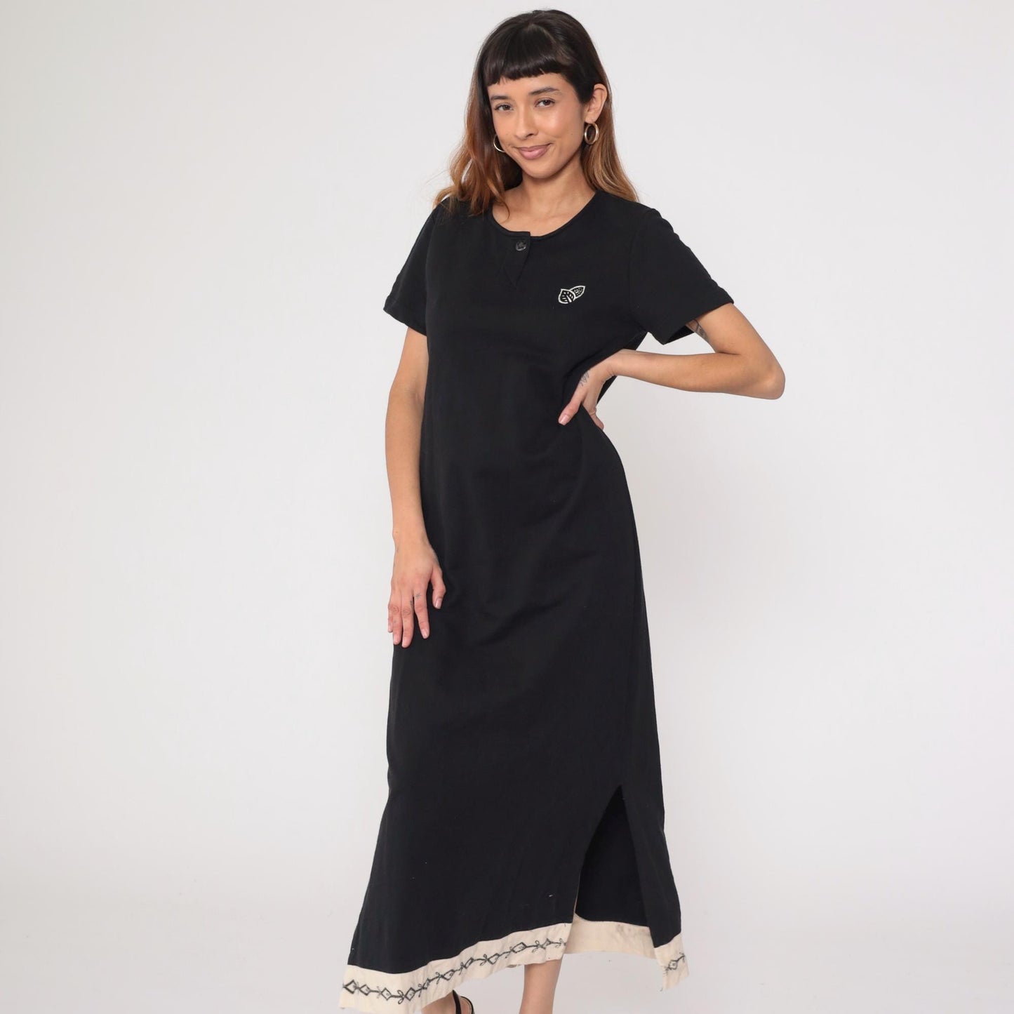 90s Black Cotton Maxi Dress Short Sleeve Embroidered Contrast Hem Medium M