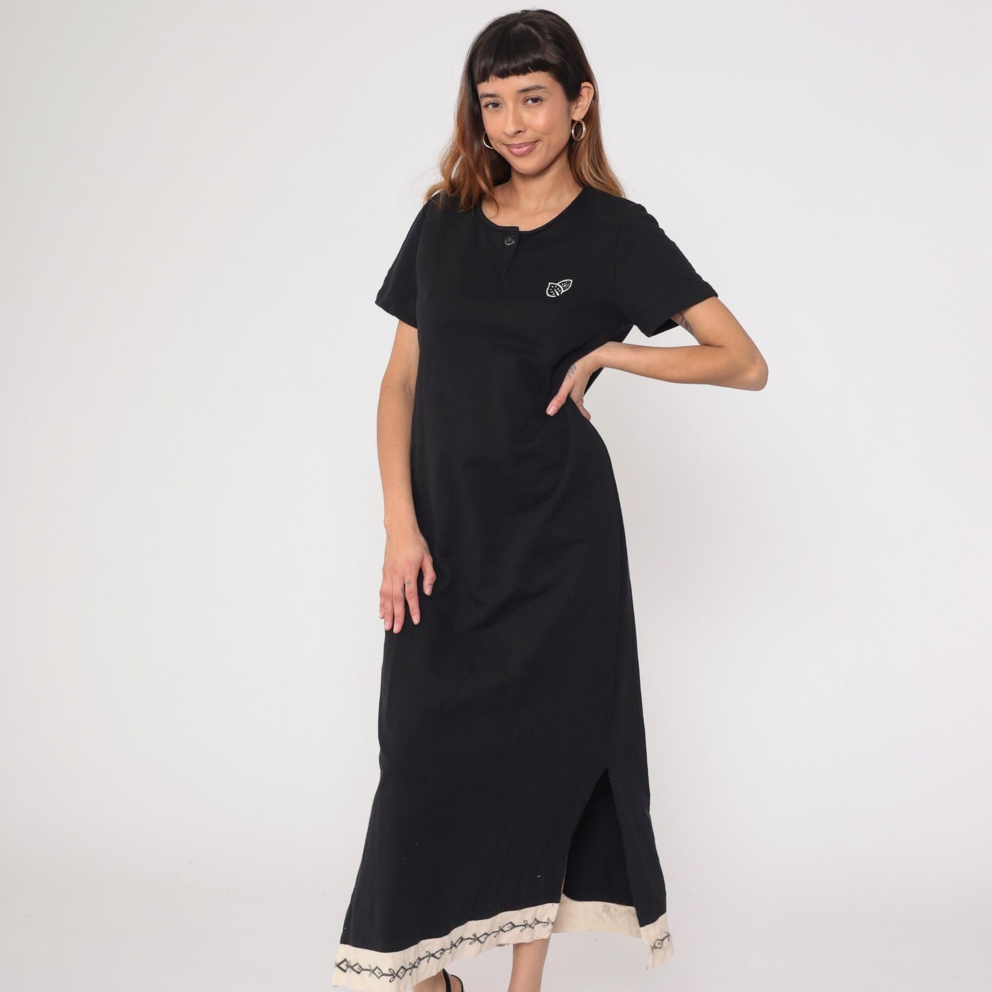 90s Black Cotton Maxi Dress Short Sleeve Embroidered Contrast Hem Medium M