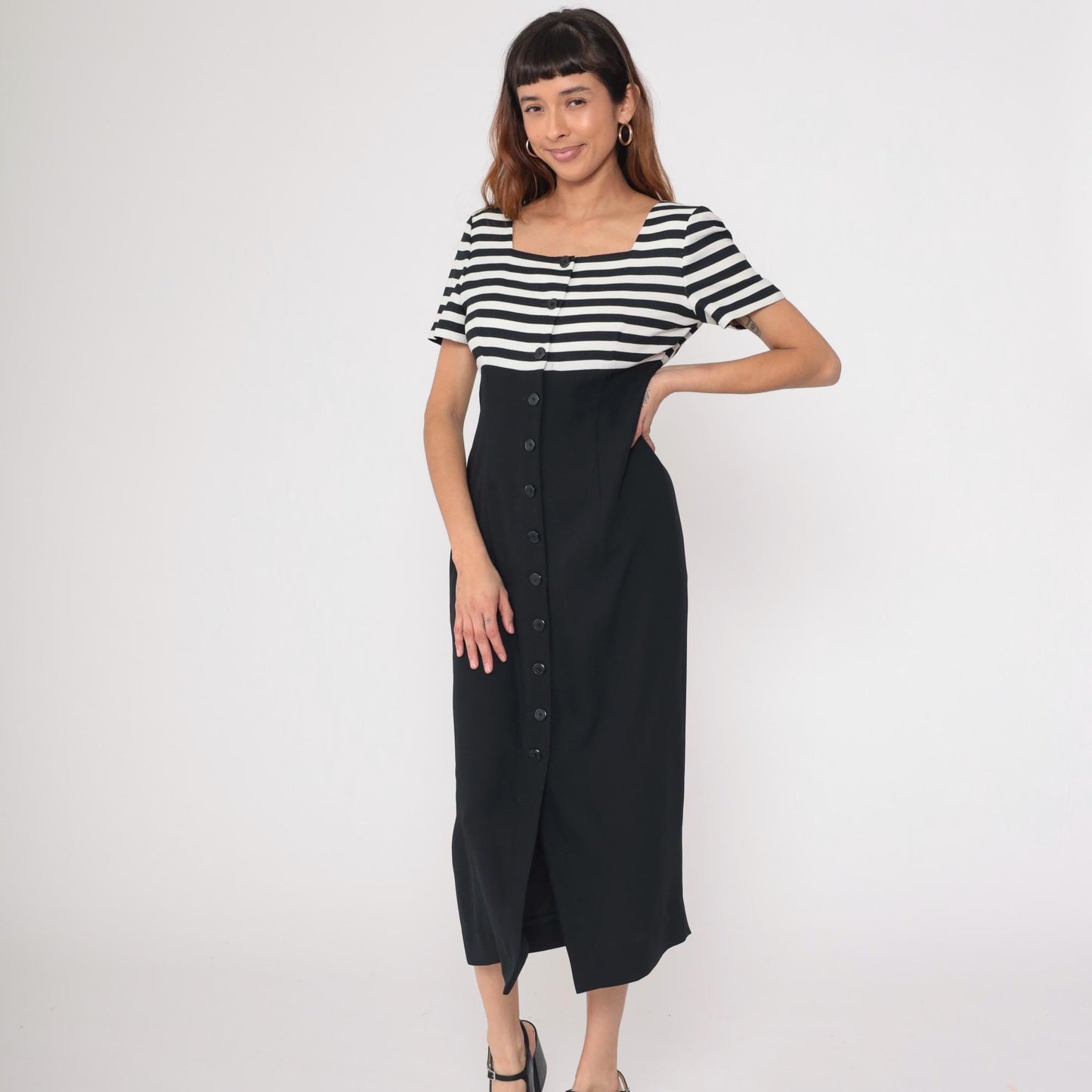 90s Liz Claiborne Striped Midi Dress Black White Button Front Medium