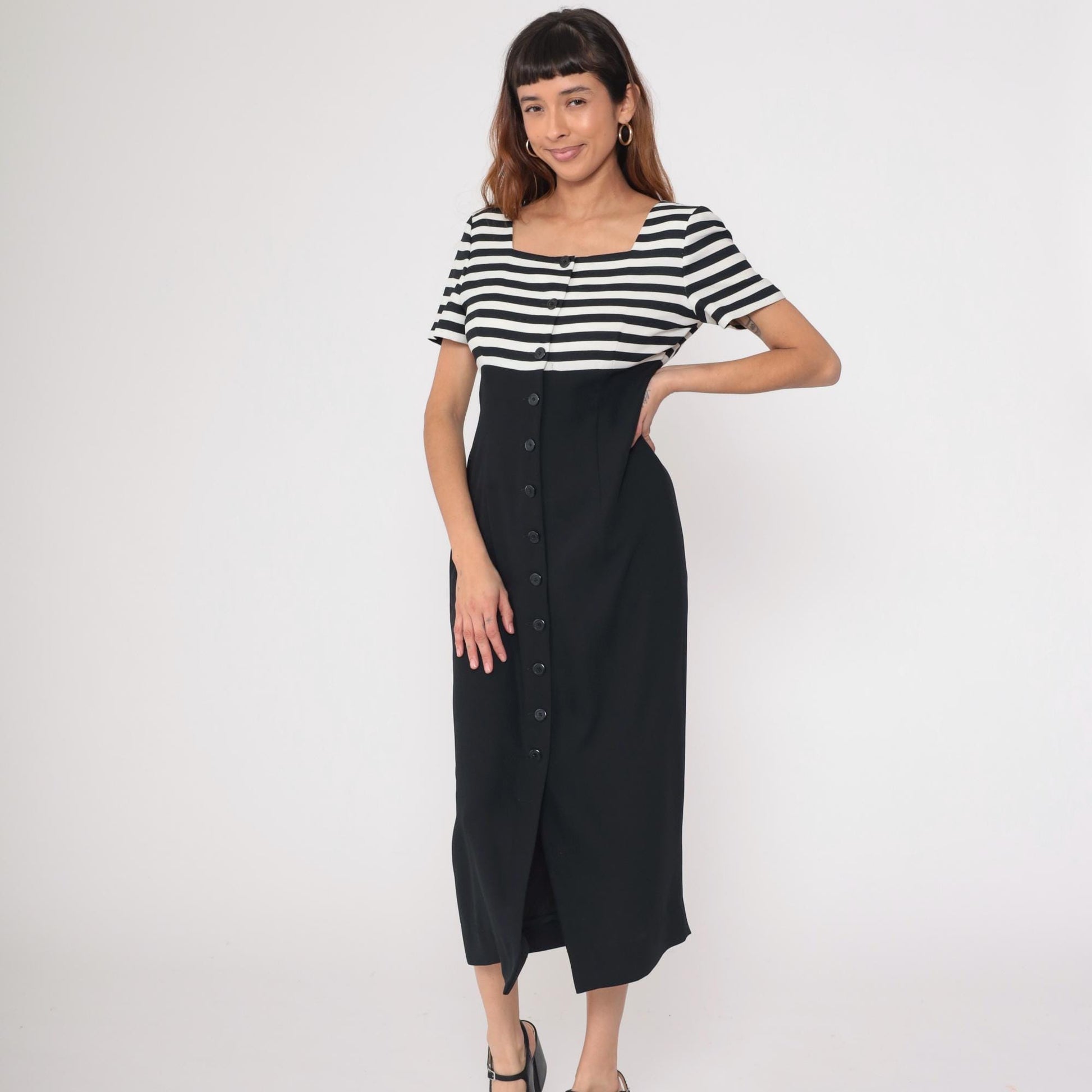 90s Liz Claiborne Striped Midi Dress Black White Button Front Medium