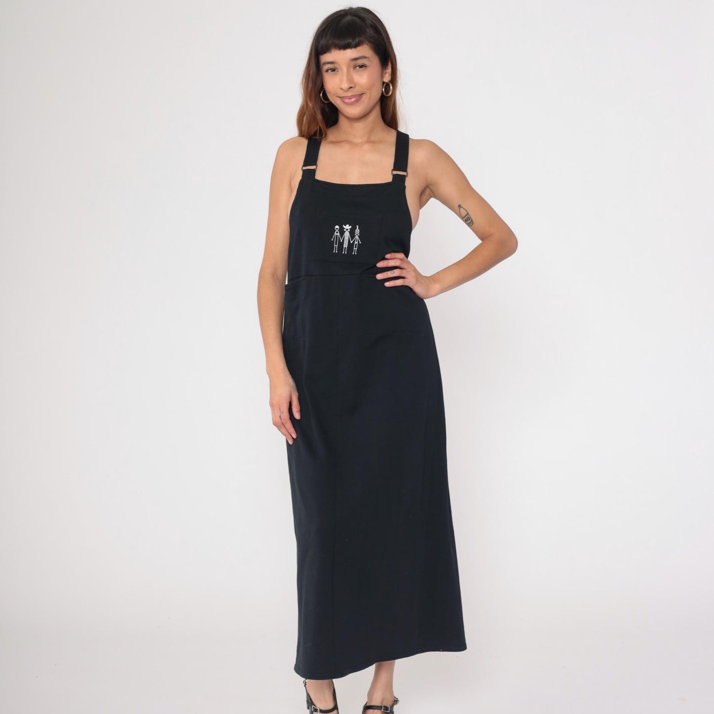 90s California Concepts Black Maxi Dress Stick Figure Embroidery Square Neck Medium Large