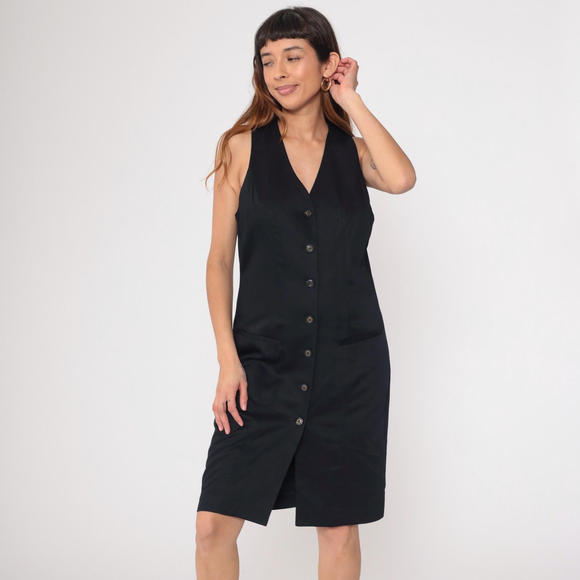 90s Valerie Stevens Black Button-Front V-Neck Knee-Length Shift Dress Medium