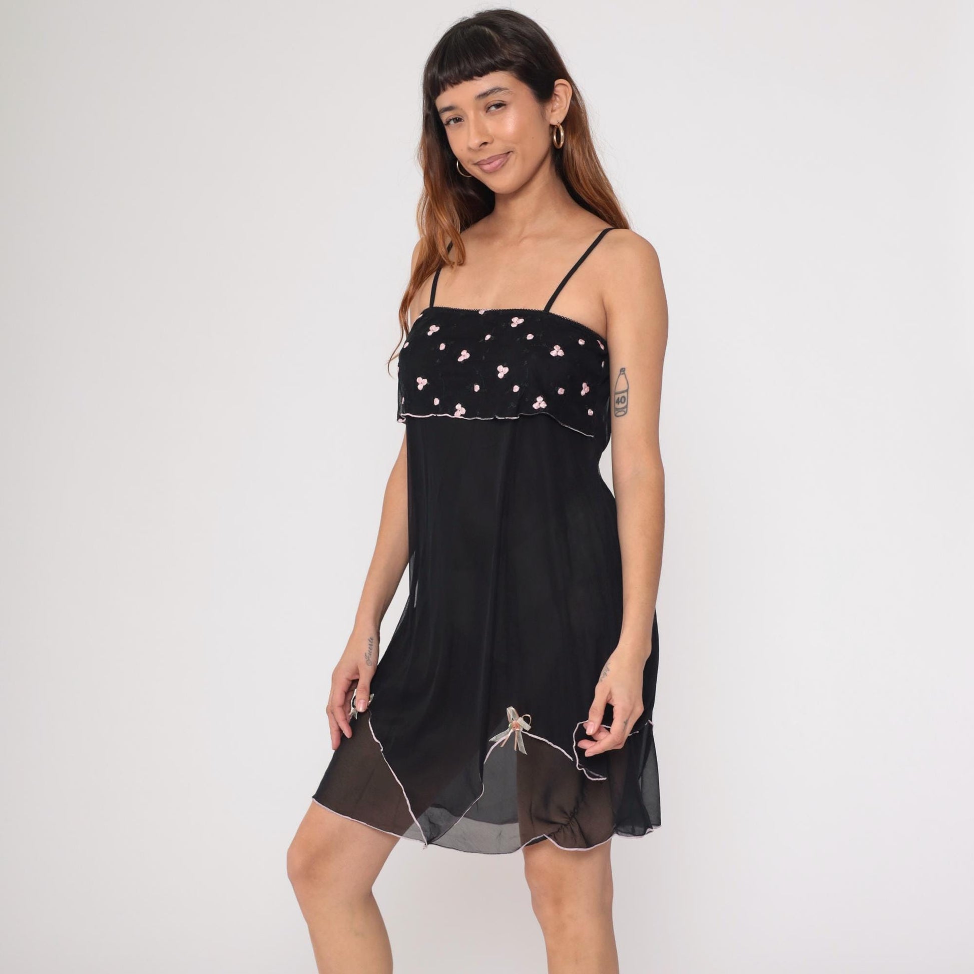 Y2K Black Mini Dress Pink Floral Embroidered Empire Waist Plus Size XXL
