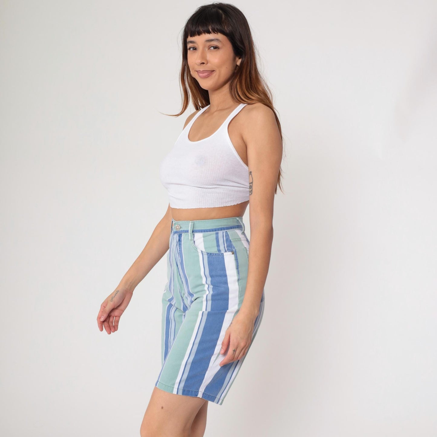 Y2K Anchor Blue Striped Bermuda Shorts High Waist Cotton Small S