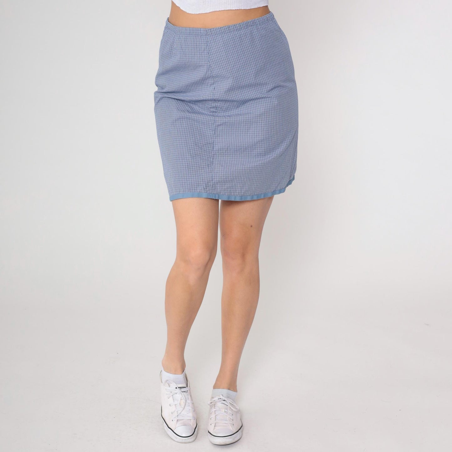 90s Horny Toad Gingham Mini Skirt Blue White Cotton Elastic Medium M