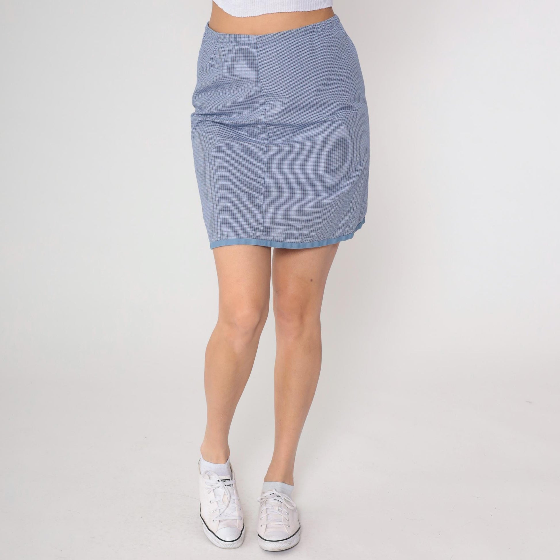 90s Horny Toad Gingham Mini Skirt Blue White Cotton Elastic Medium M