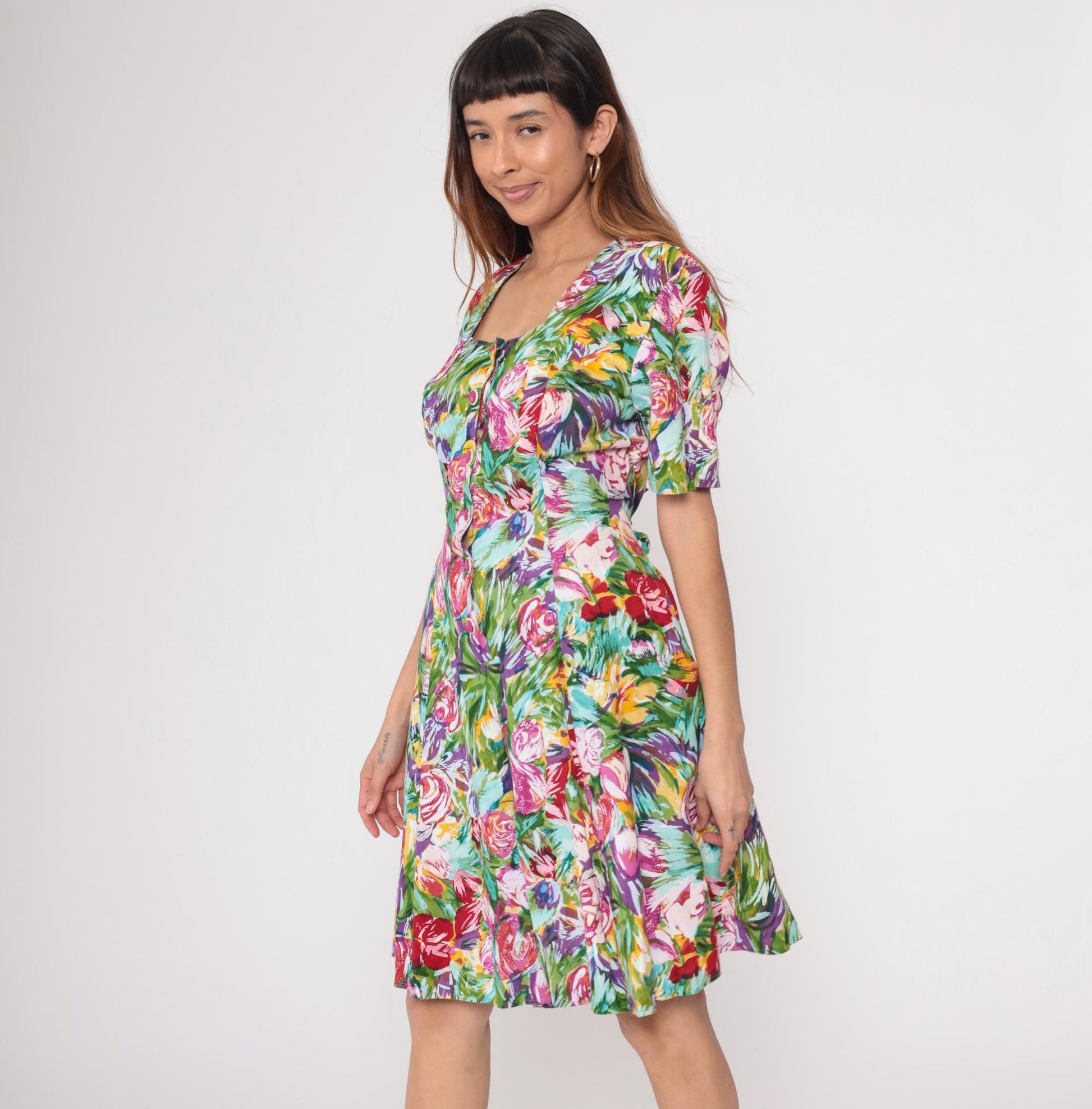 90s Floral Sundress Puff Sleeve Multicolor Watercolor Button Front Medium