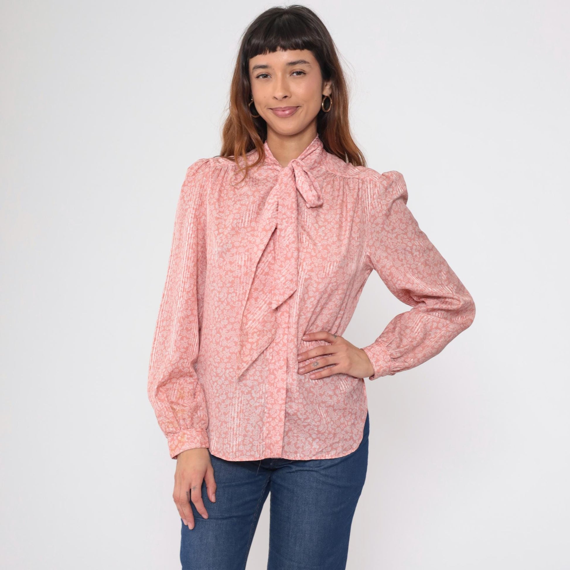 80s Evan Picone Pink Floral Bow Blouse Long Sleeve Medium M