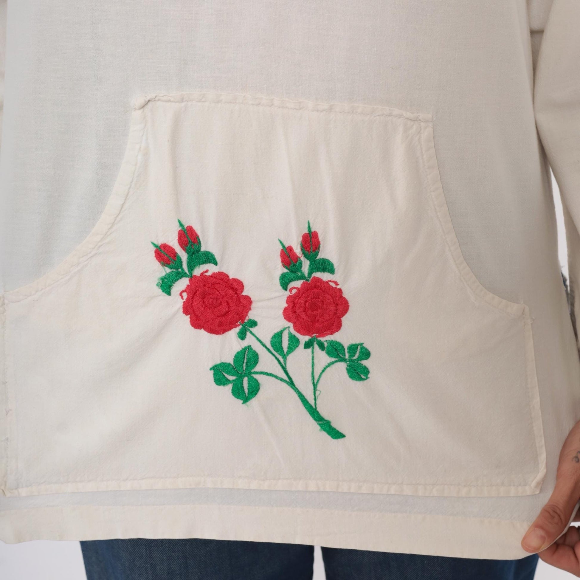 70s Cream Embroidered Rose Tunic Cotton Peasant Blouse Medium M
