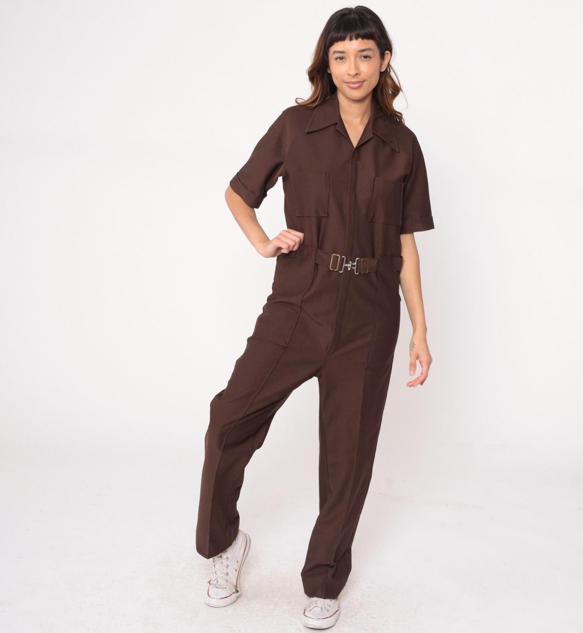 70s Brown Utility Jumpsuit Zip Front Workwear Boiler Suit Medium