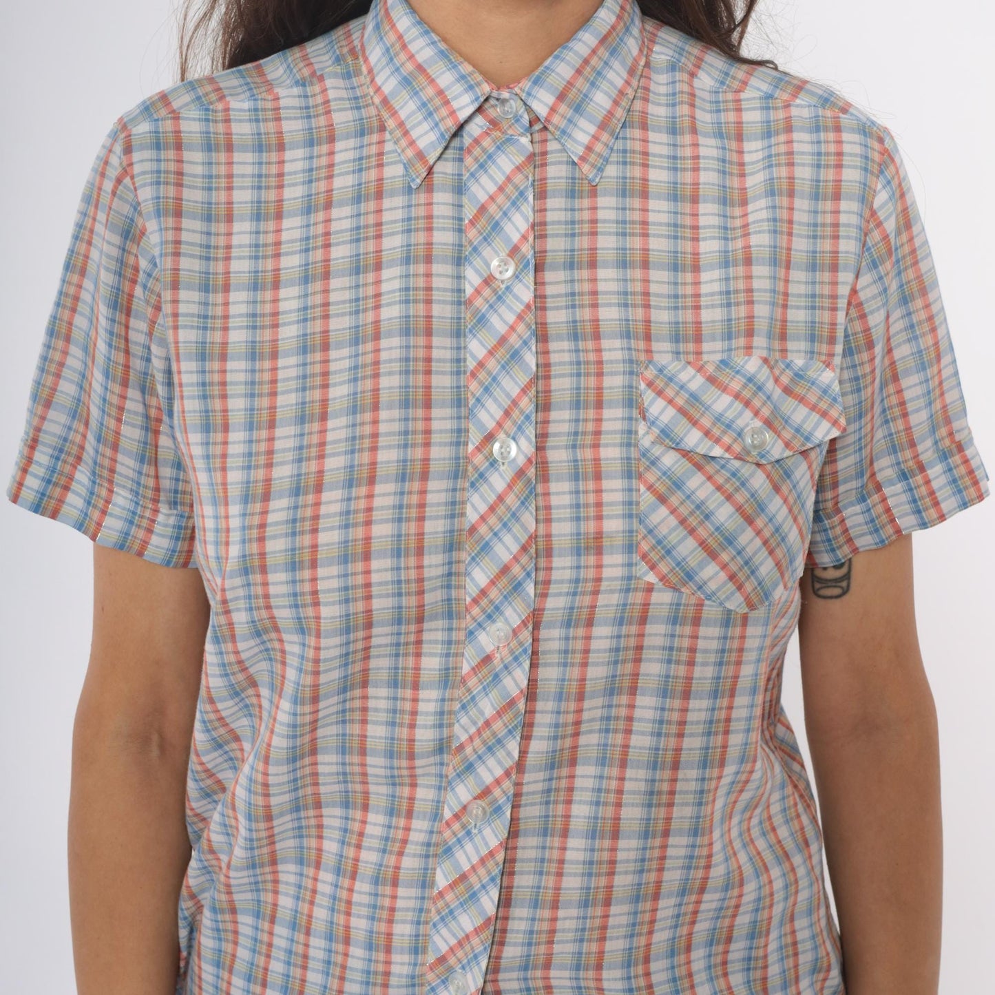 80s Plaid Button-Up Shirt Short Sleeve Pointed Collar Cotton Multicolor Medium