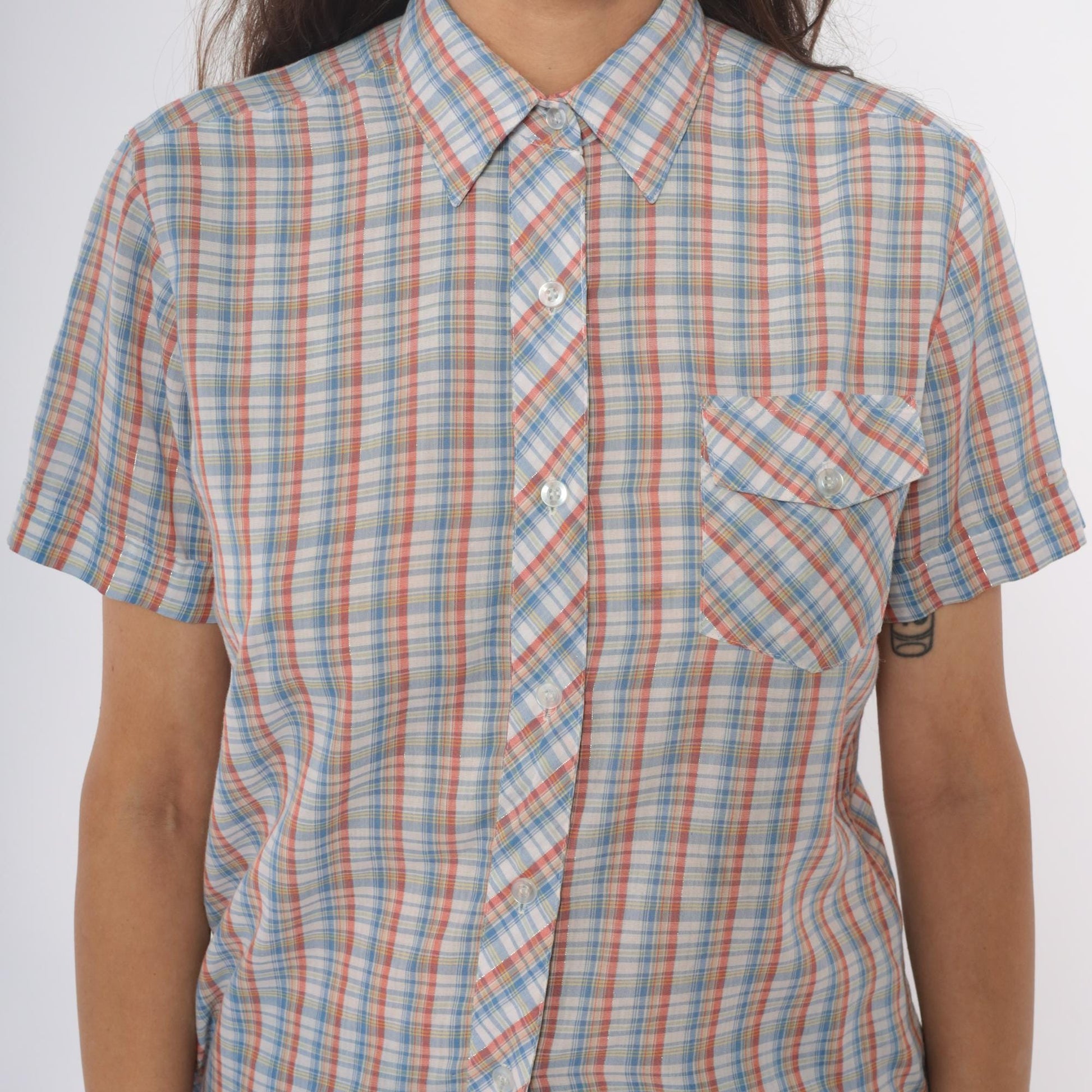 80s Plaid Button-Up Shirt Short Sleeve Pointed Collar Cotton Multicolor Medium