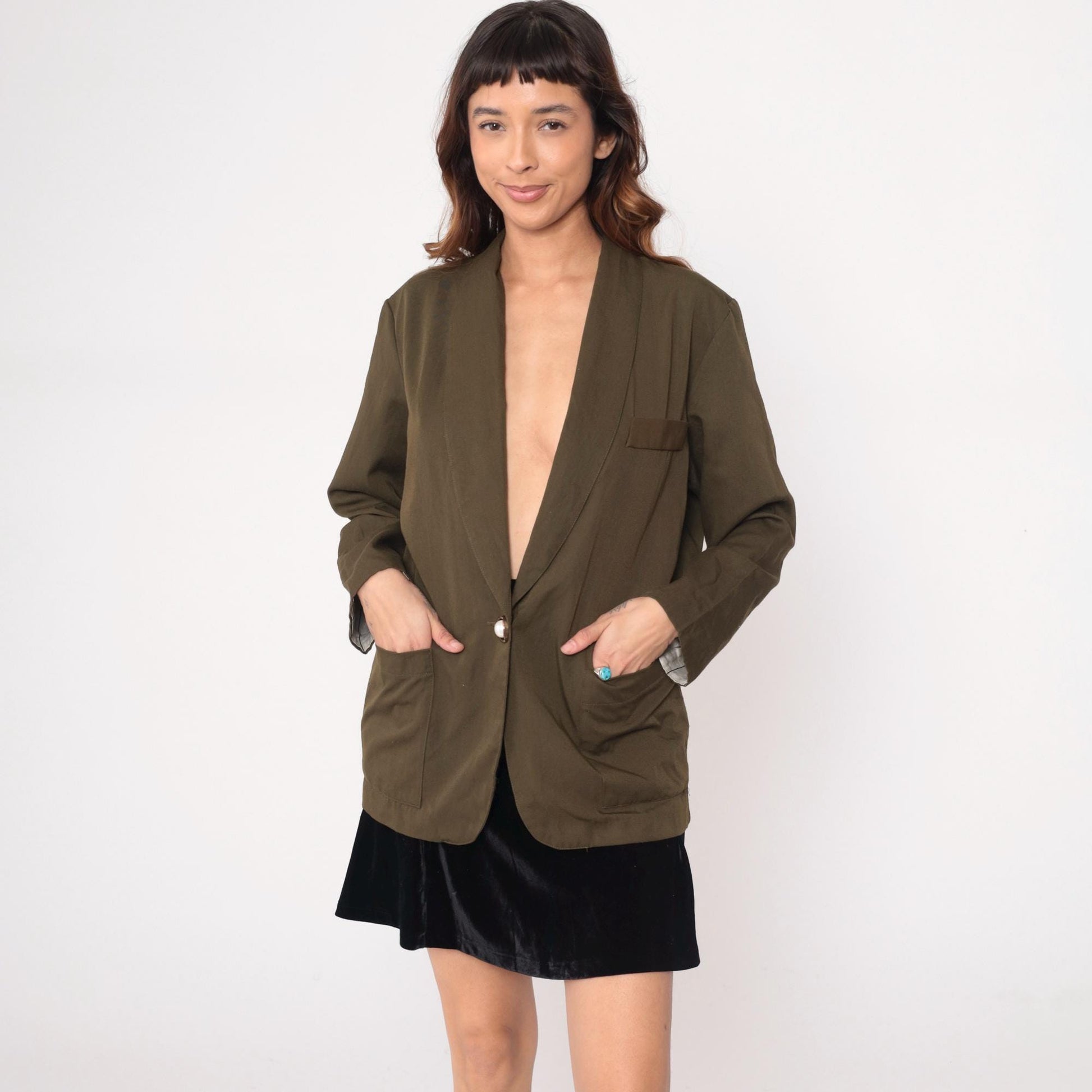 90s Olive Green Blazer Single Button Shawl Collar Jacket Medium M