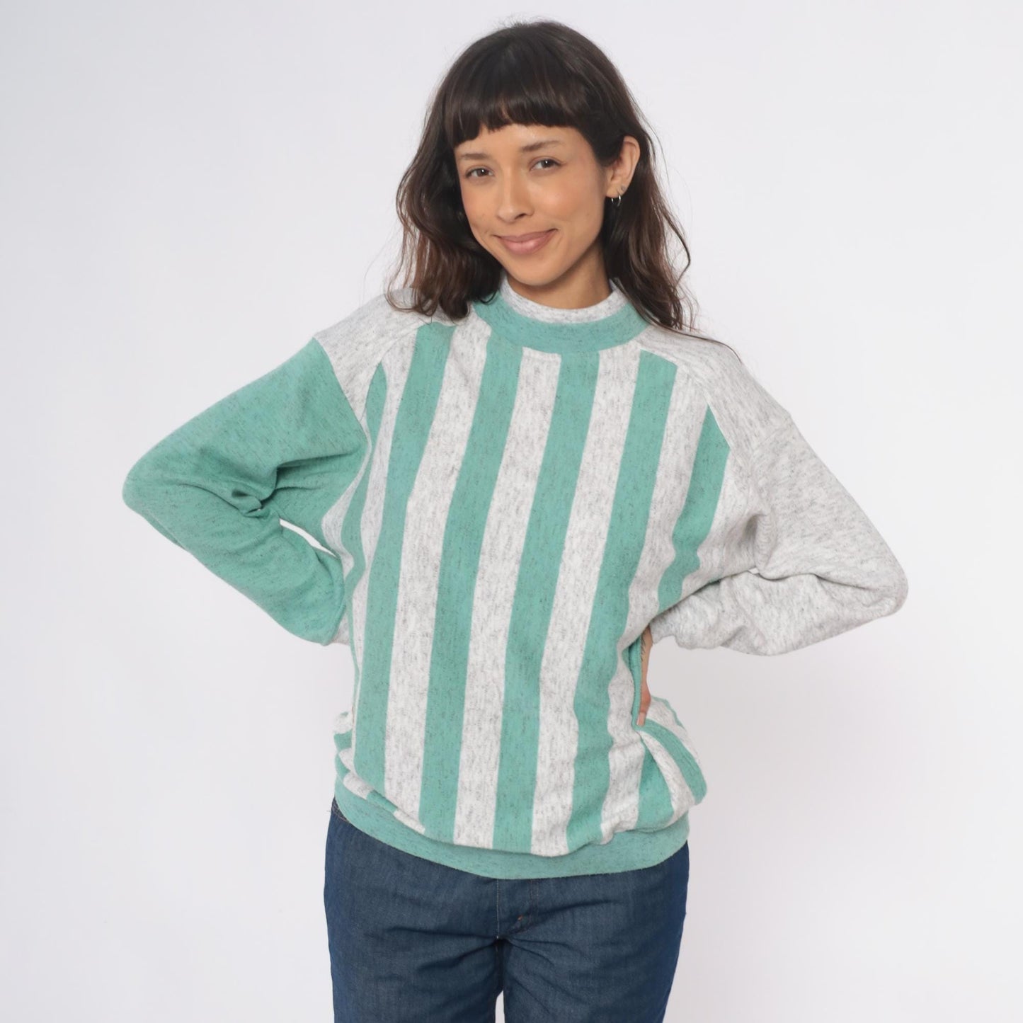 90s Aileen Petites Striped Mock Neck Sweatshirt Teal Grey Medium
