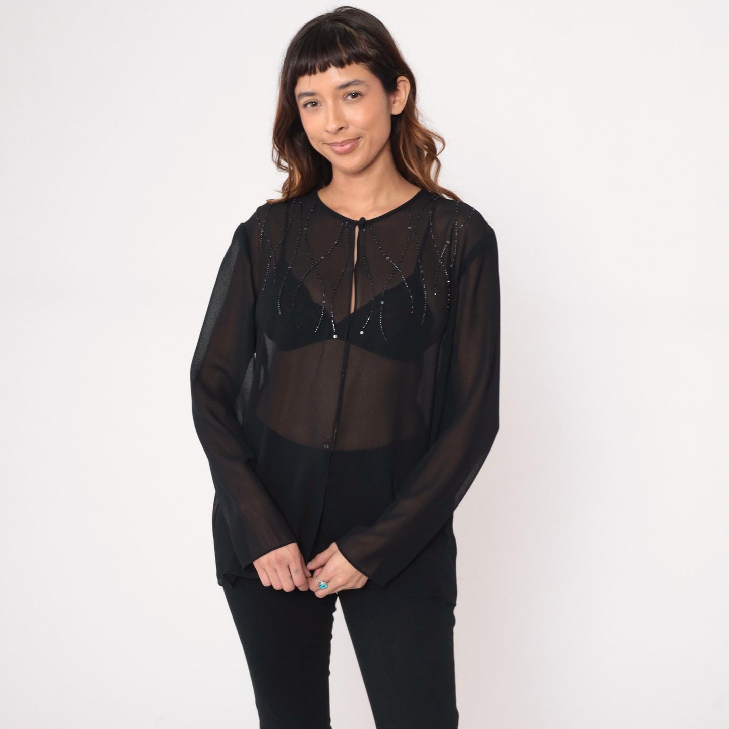 90s Adrianna Papell Black Beaded Blouse Keyhole Neckline Sheer Large L