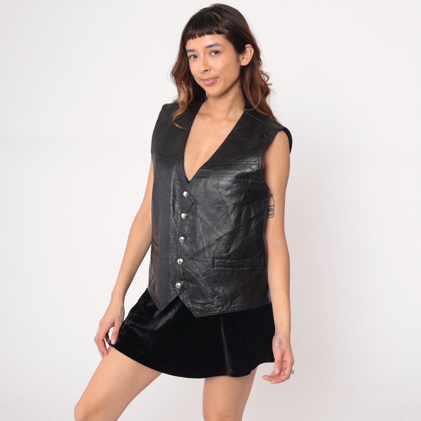 90s Black Leather Vest Button Front V-Neck Sleeveless Large L