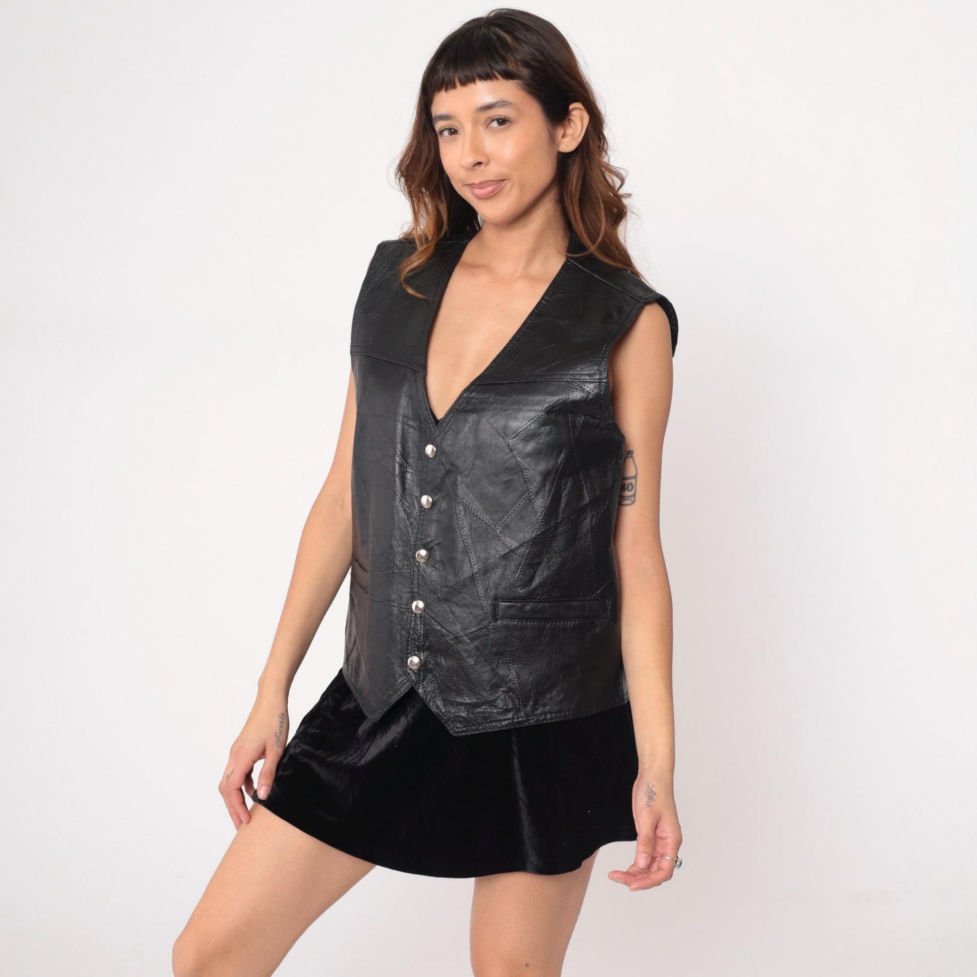 90s Black Leather Vest Button Front V-Neck Sleeveless Large L