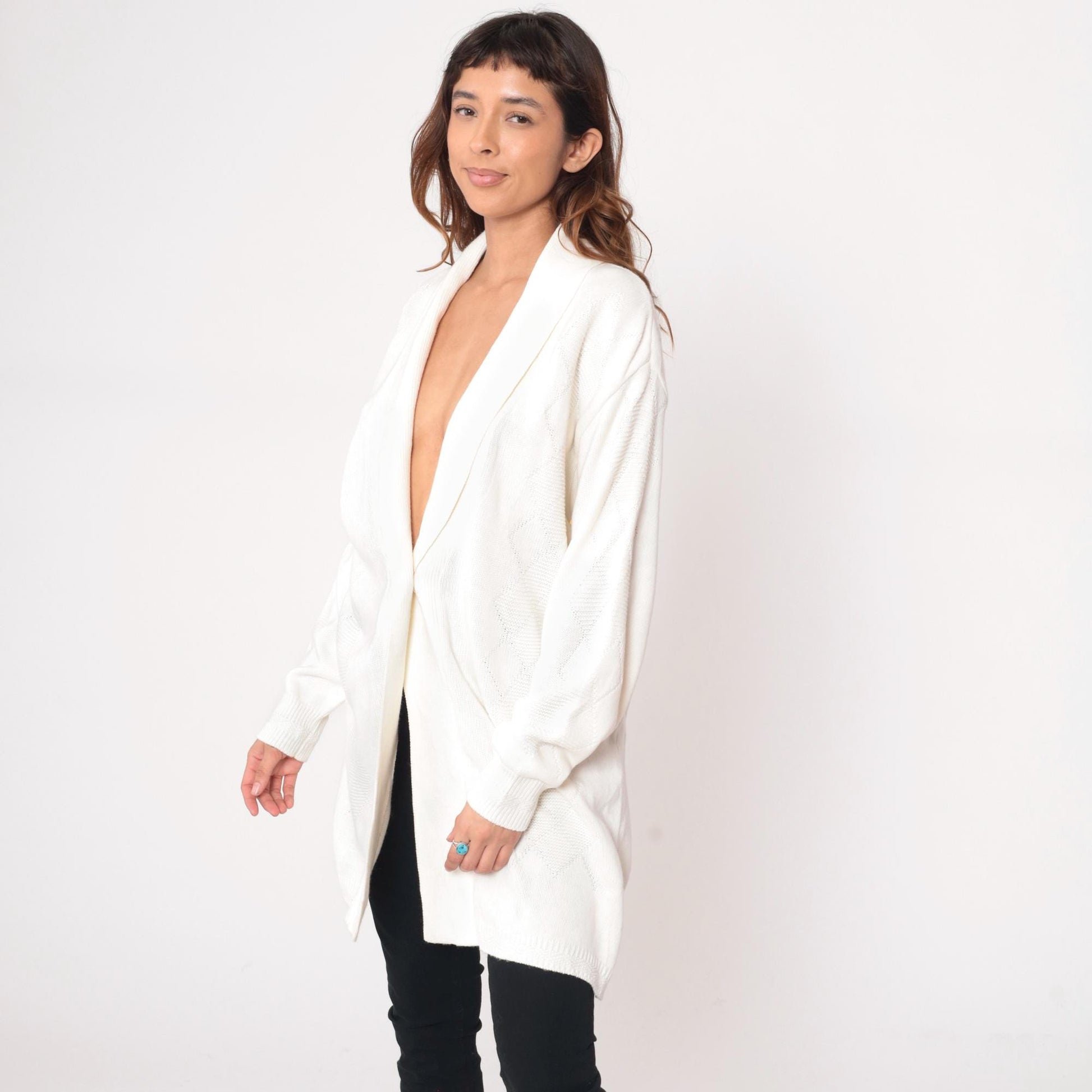 80s Southern Lady Cream Cardigan Shawl Collar Cable Knit Longline Medium M