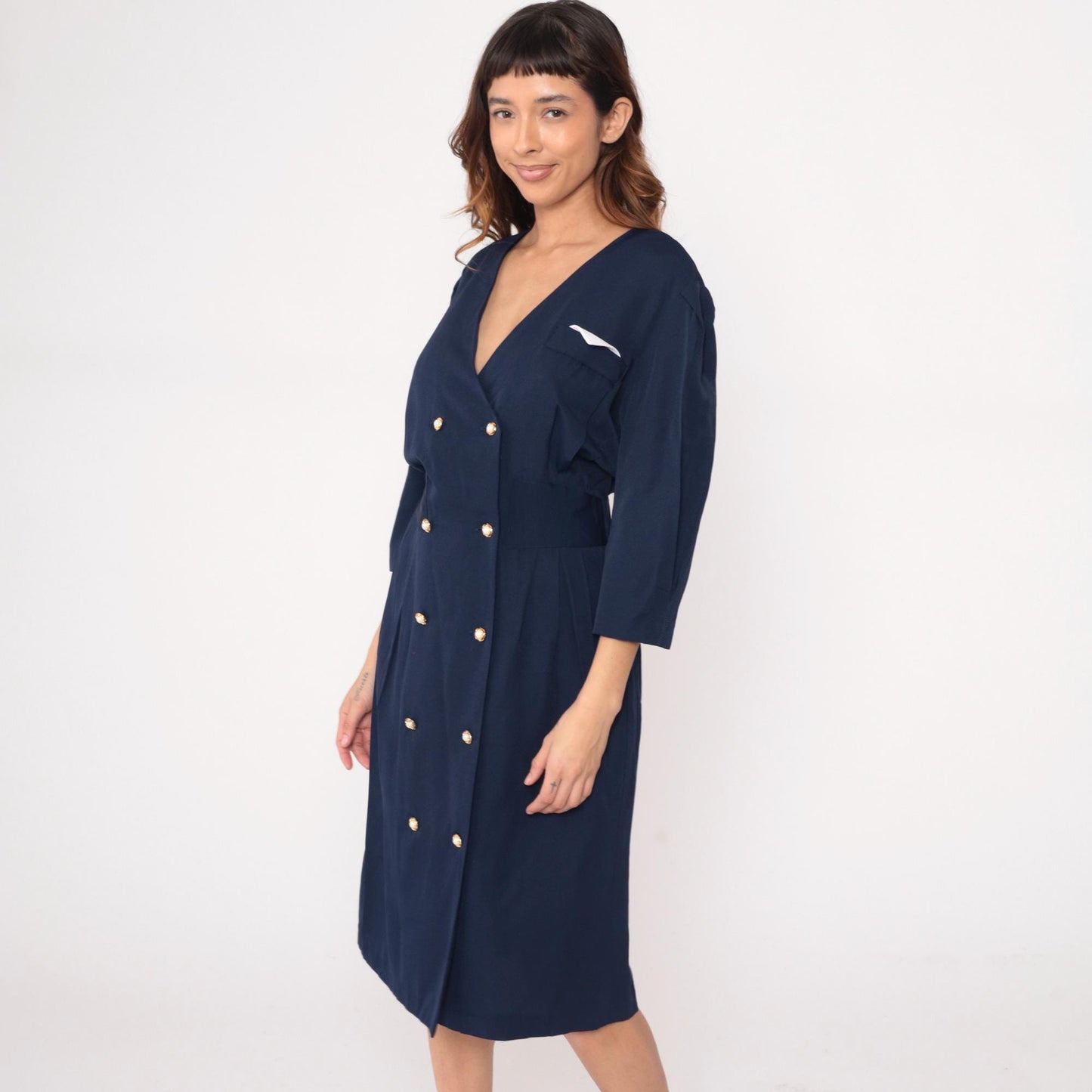 90s Ms. Basia California Navy Double-Breasted Dress Gold Buttons Medium
