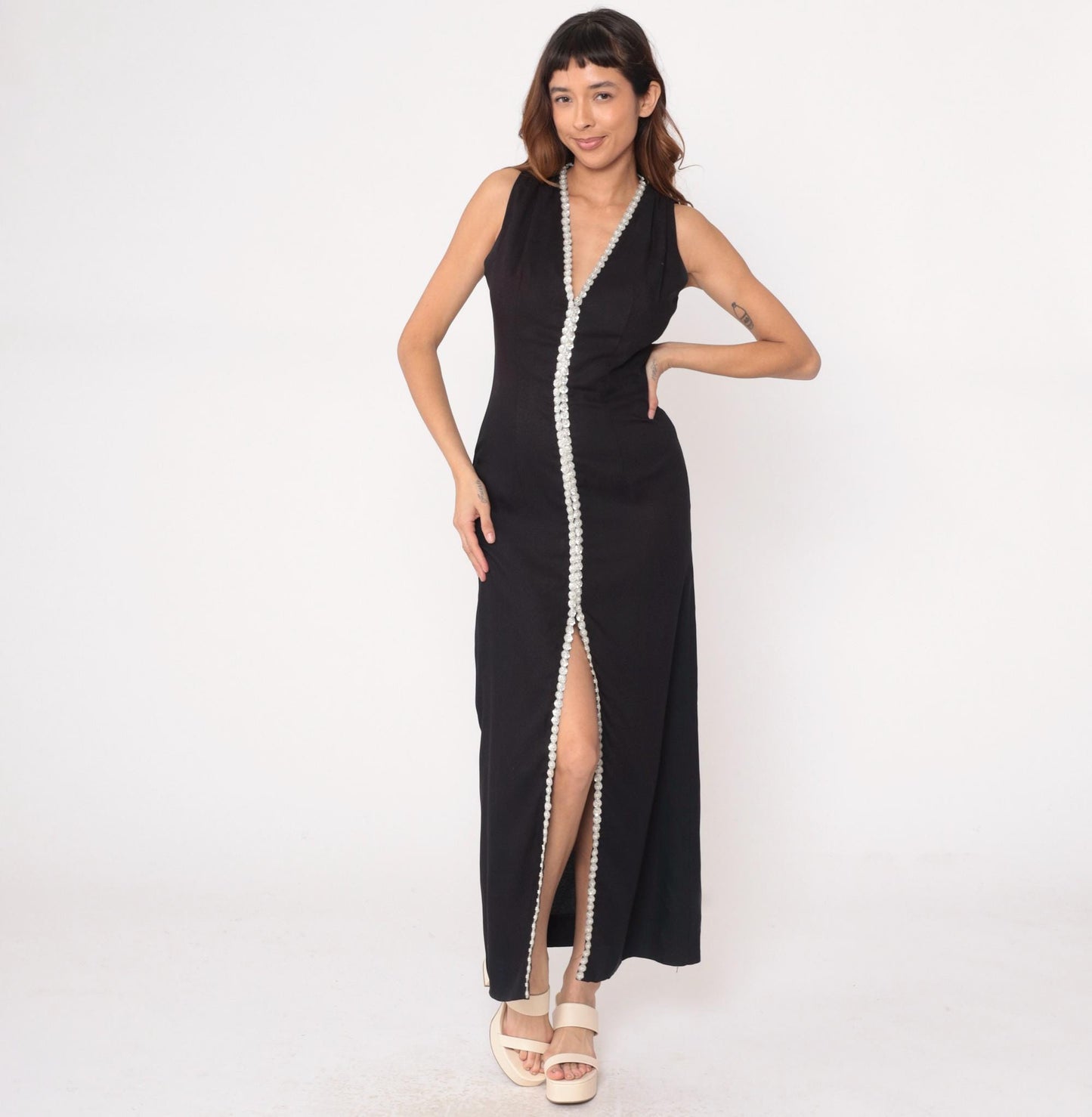 70s Black Maxi Dress White Sequin Beaded V-Neck Sleeveless Column Medium M