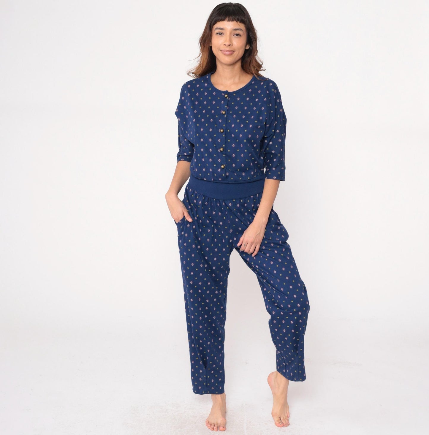 80s Rebe Geometric Jumpsuit Navy Diamond Print Button Front Medium M