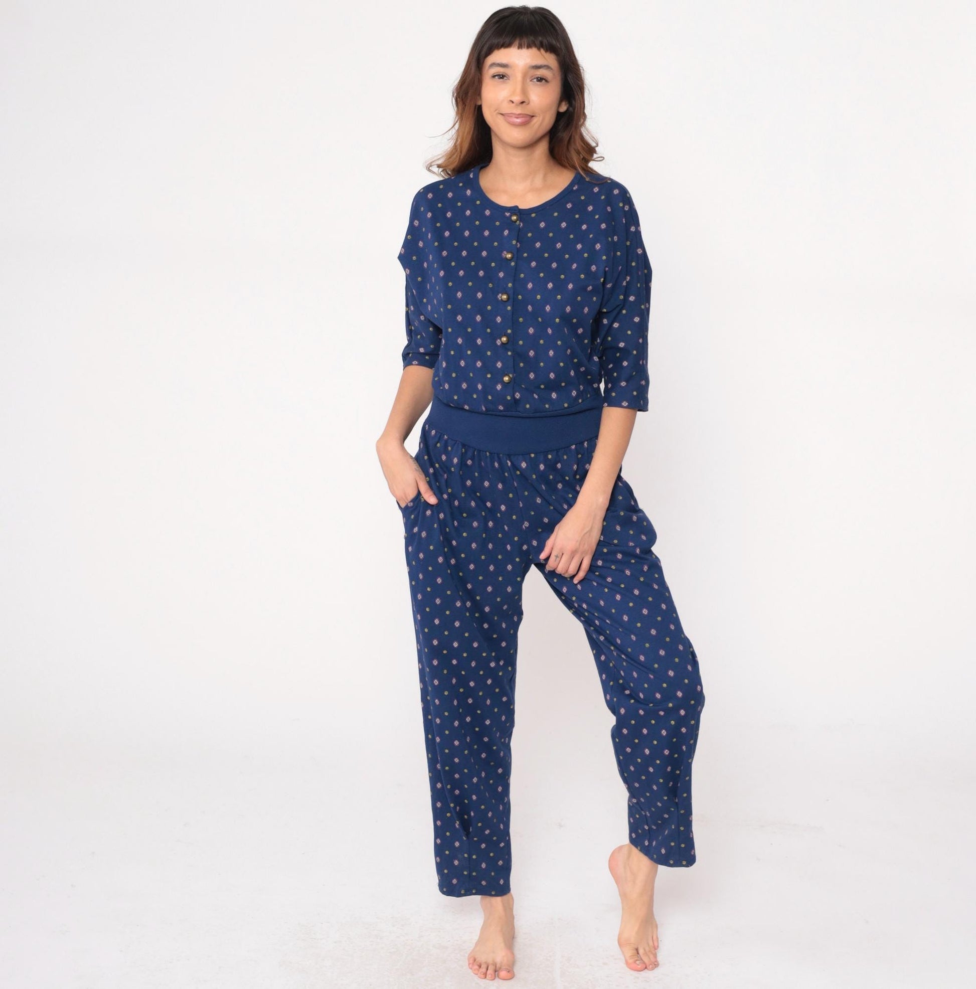 80s Rebe Geometric Jumpsuit Navy Diamond Print Button Front Medium M