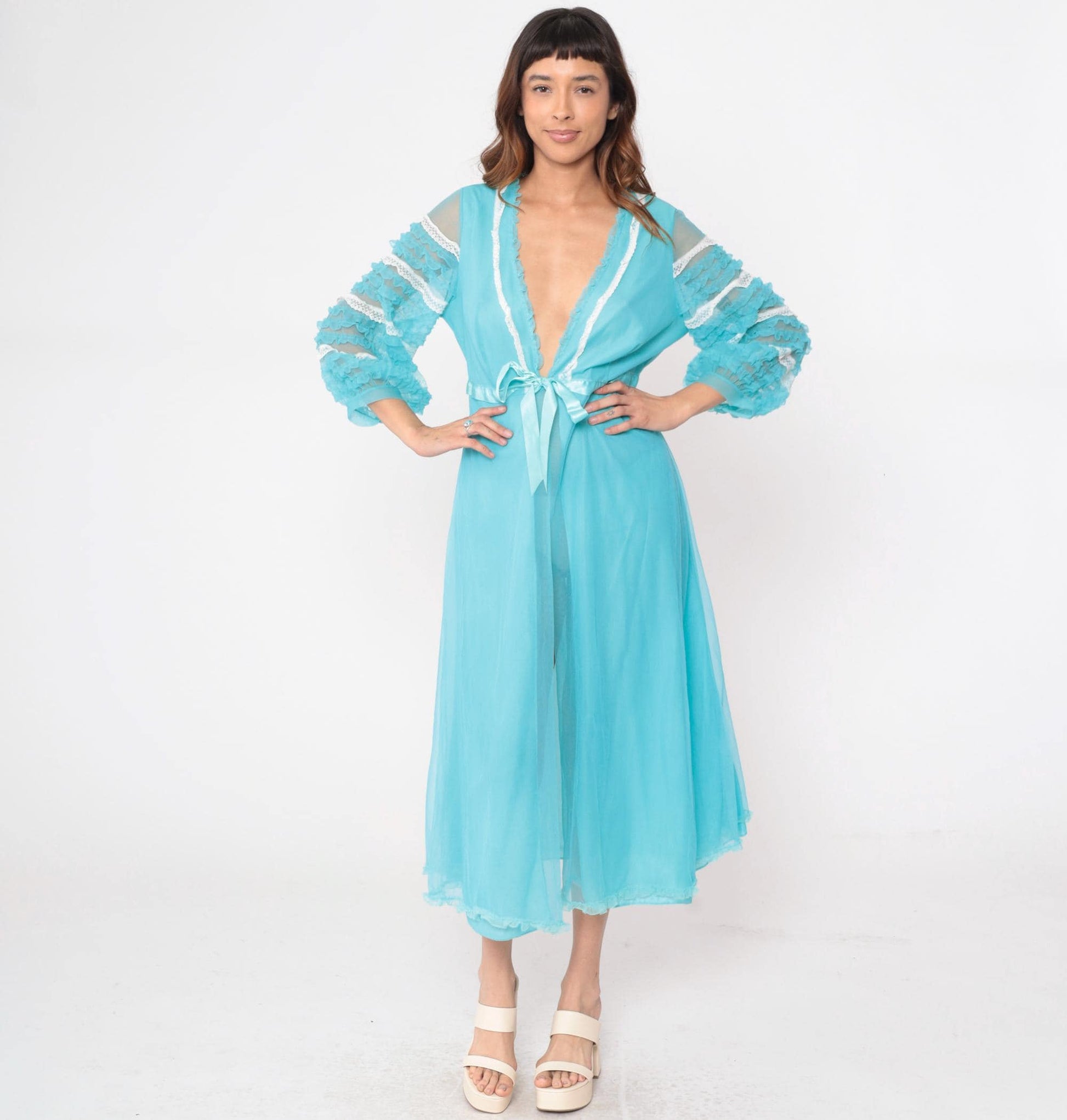 70s Aqua Blue Nylon Robe Sheer Ruffle Lace Trim V-Neck Maxi Medium
