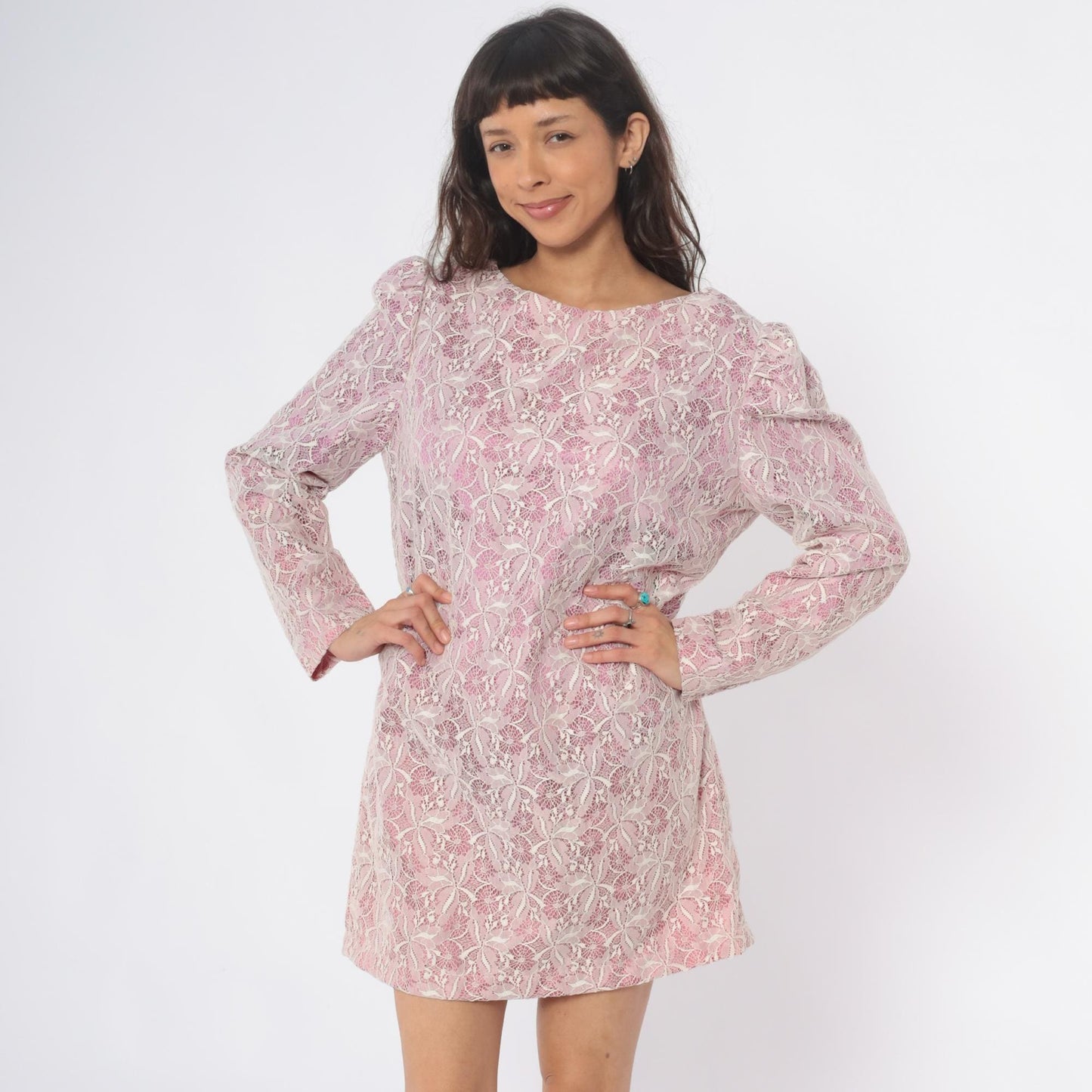 70s Purple Lace Mini Dress Long Sleeve Shift Floral White Overlay Medium M