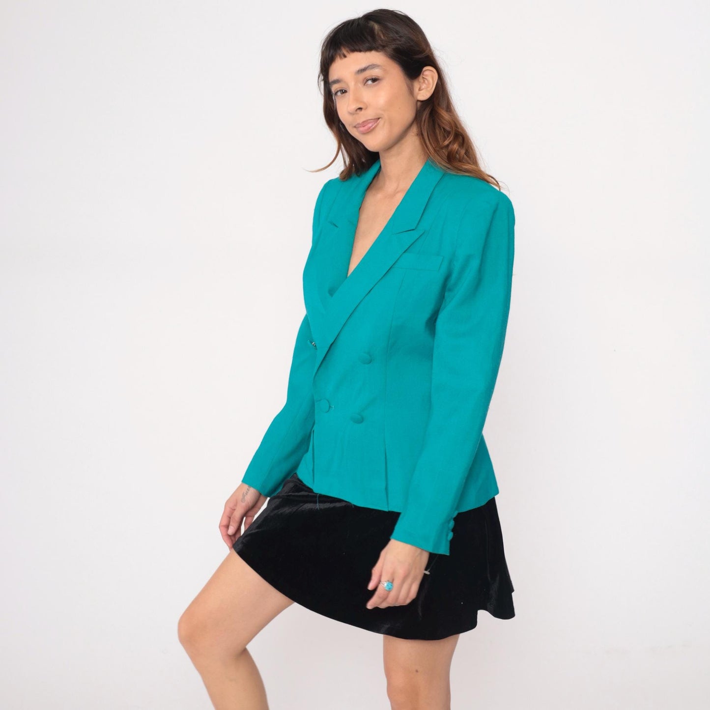 90s Gilmor Teal Double-Breasted Blazer Peaked Lapels Structured Medium