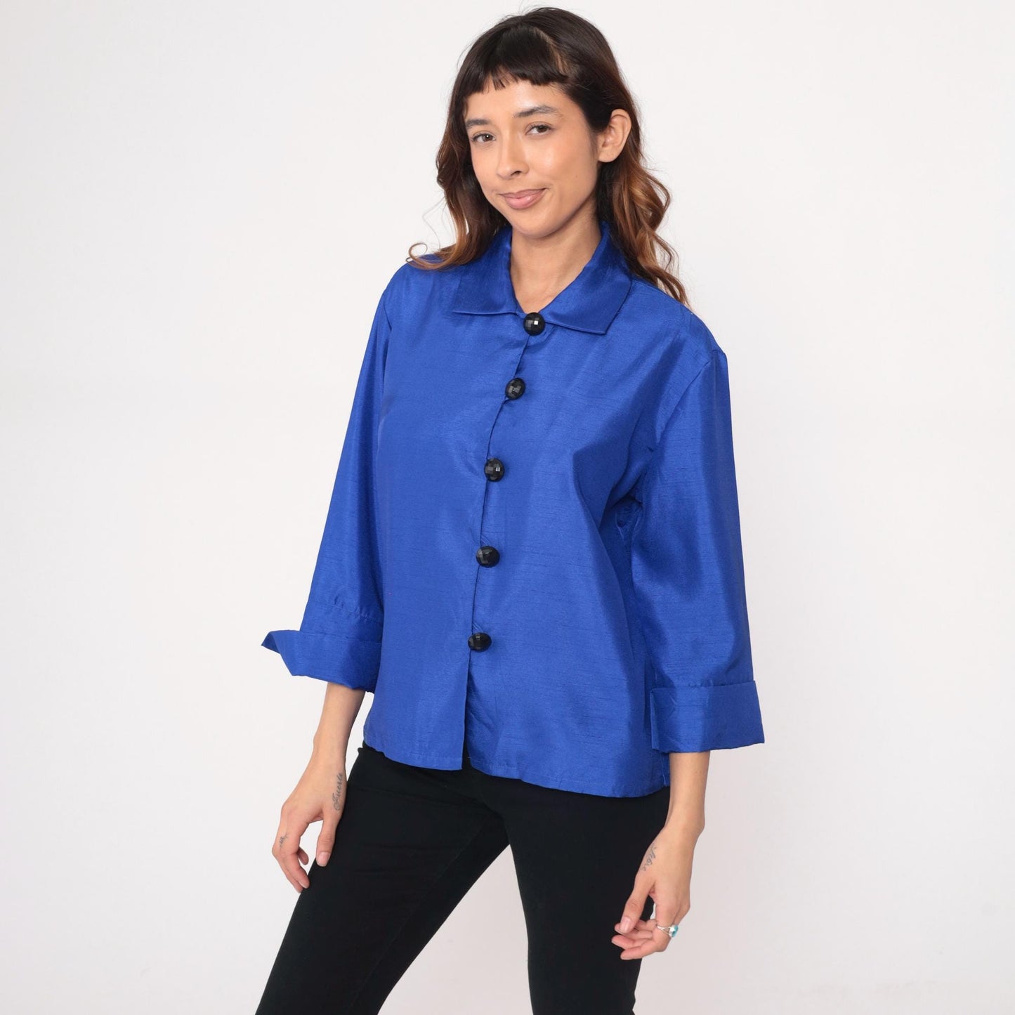Y2K Royal Blue Button-Front Blouse Drapers Studio Collared Three-Quarter Sleeve Medium