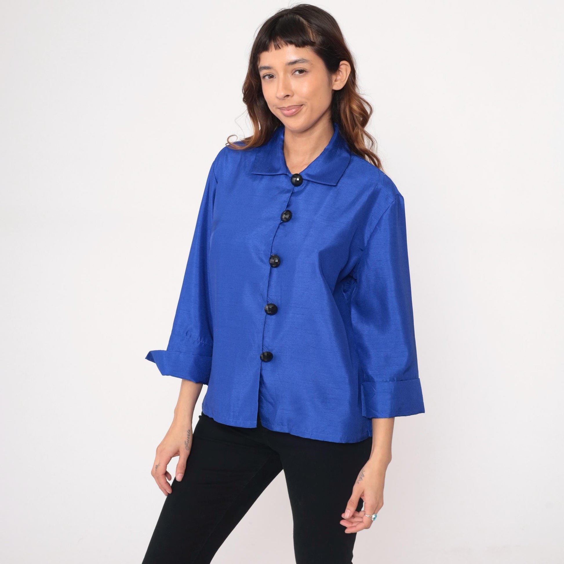 Y2K Royal Blue Button-Front Blouse Drapers Studio Collared Three-Quarter Sleeve Medium