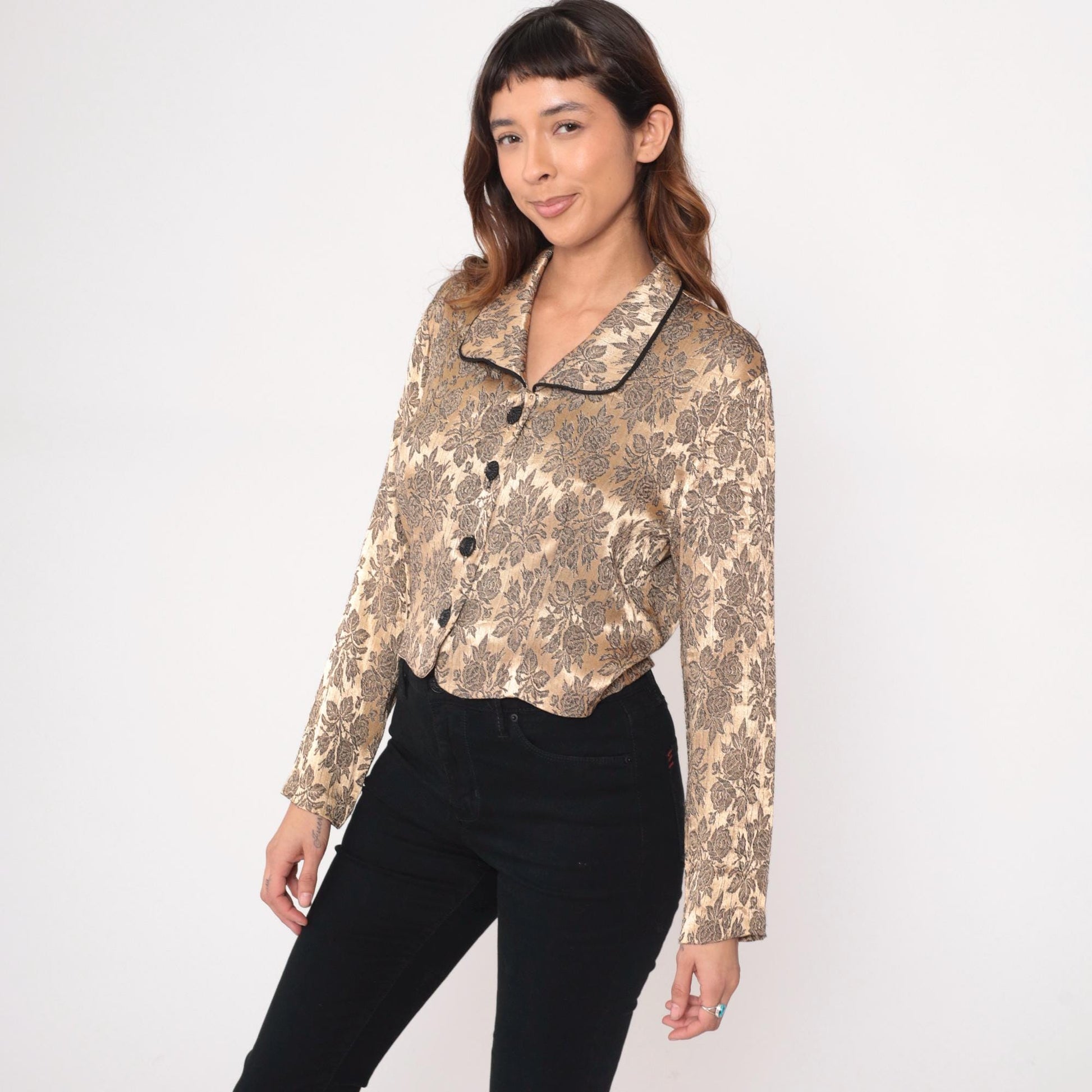 90s Sheri Martin Floral Brocade Jacket Cropped Champagne Black Piping Medium