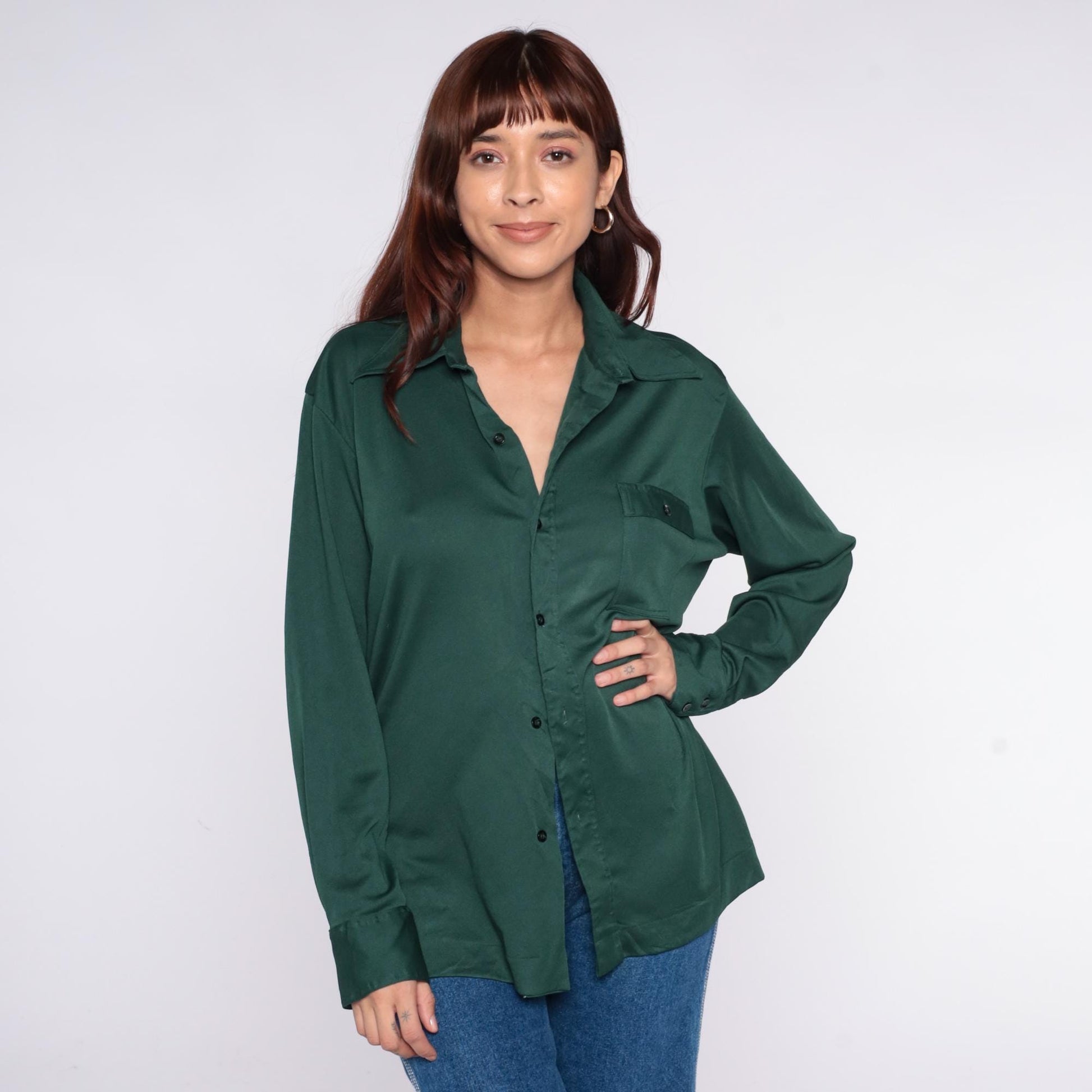 70s Joel Forest Green Button-Up Shirt Long Sleeve Chest Pocket Large
