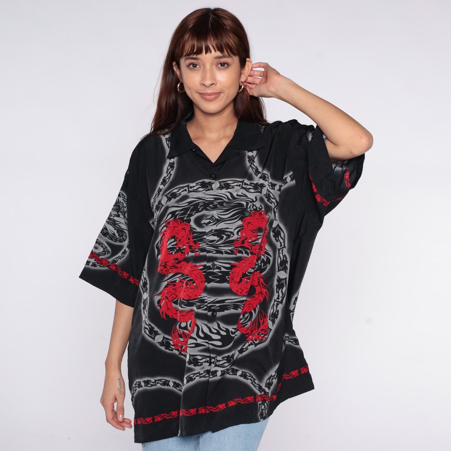 Y2K Saphire Lounge Dragon Chain Button Shirt Black Red Extra Large XL