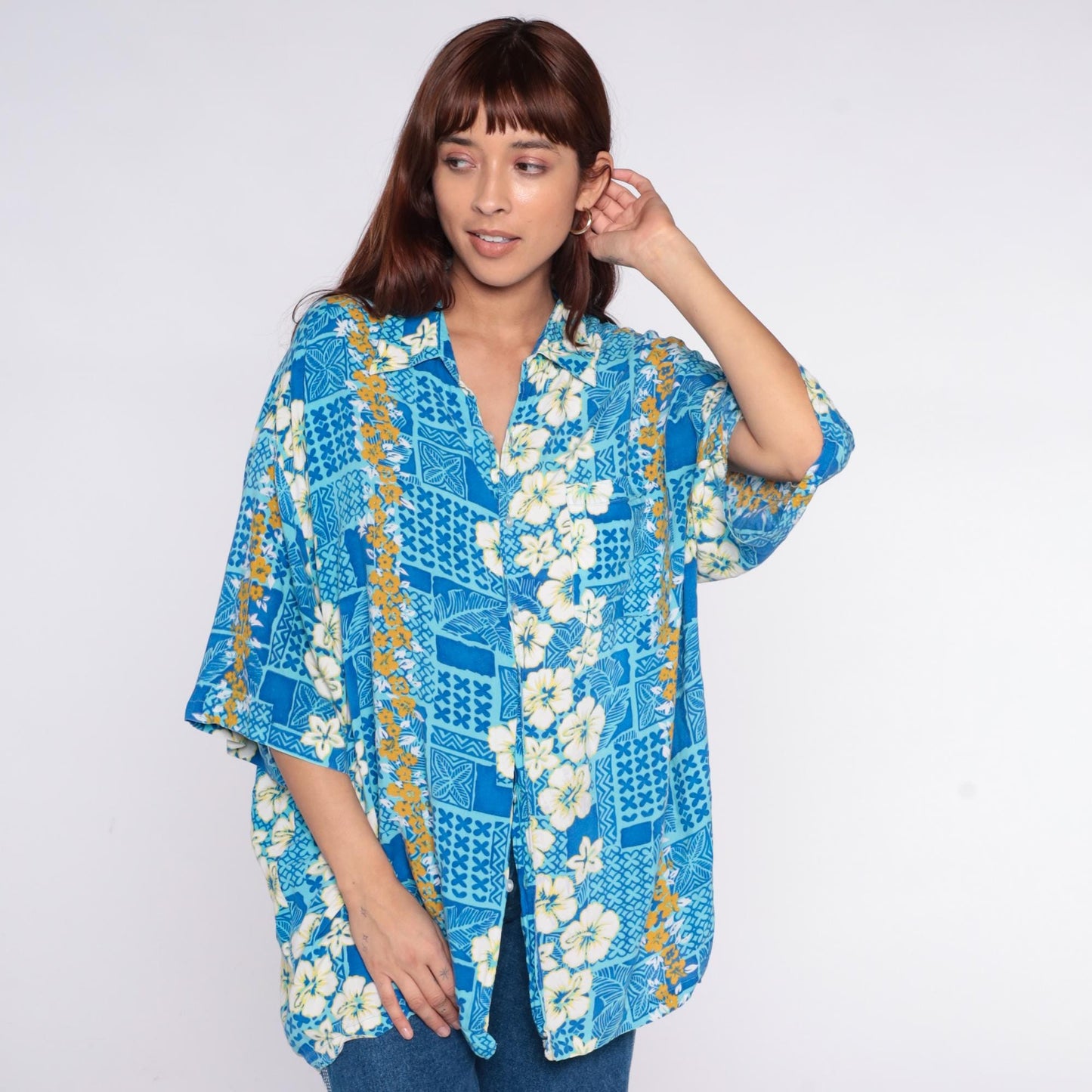 90s Hawaiian Shirt Blue Hibiscus Floral Geometric Print Unisex Extra Large XL