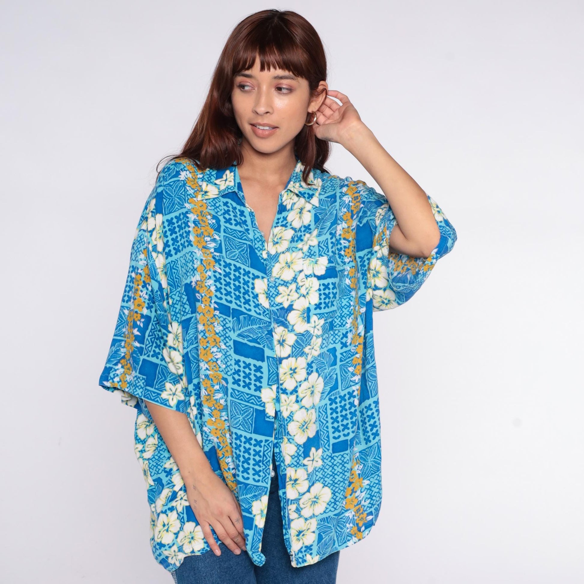 90s Hawaiian Shirt Blue Hibiscus Floral Geometric Print Unisex Extra Large XL