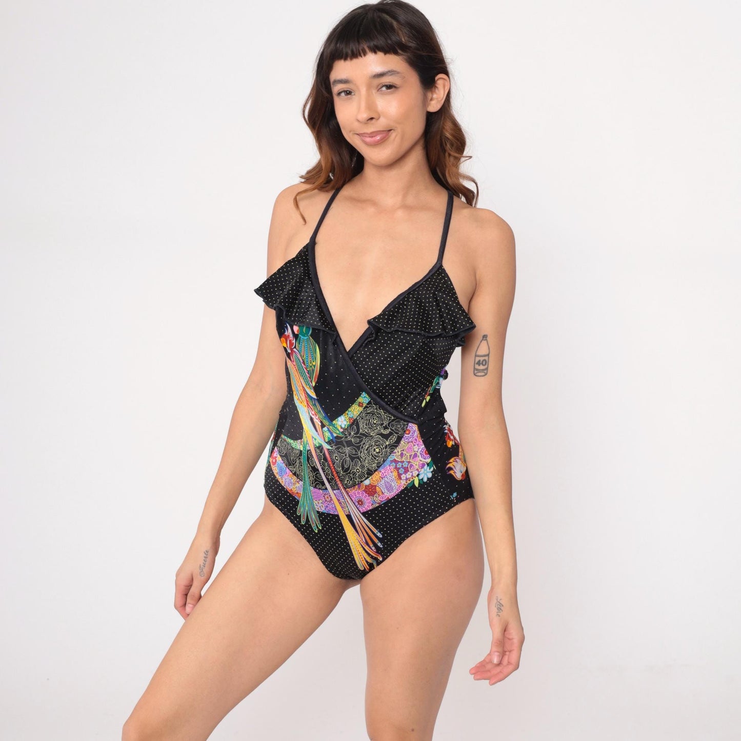 90s Gaviota Parrot Tropical One-Piece Swimsuit Black Polka Dot Medium