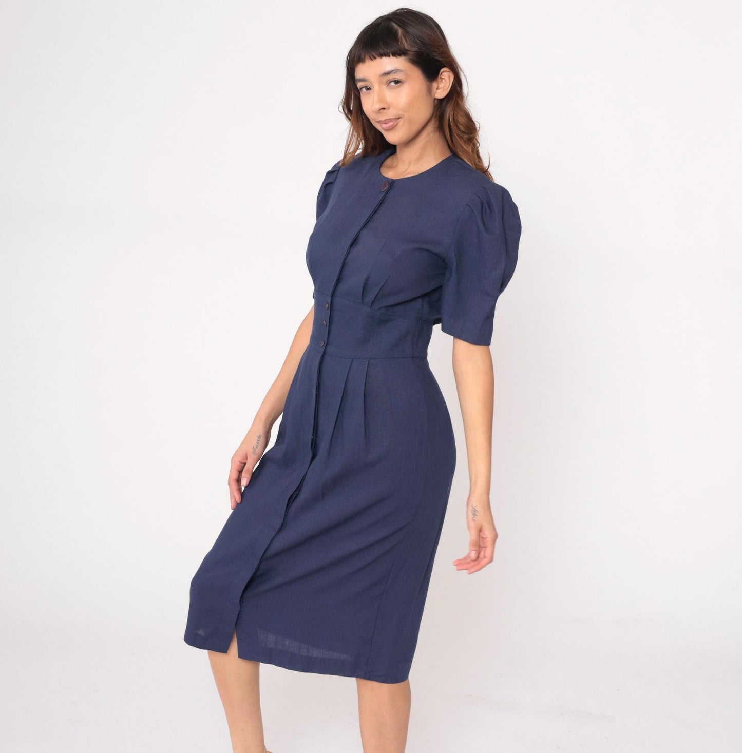 80s Jessica Howard Navy Puff Sleeve Dress Pleated Skirt Shoulder Pads Medium