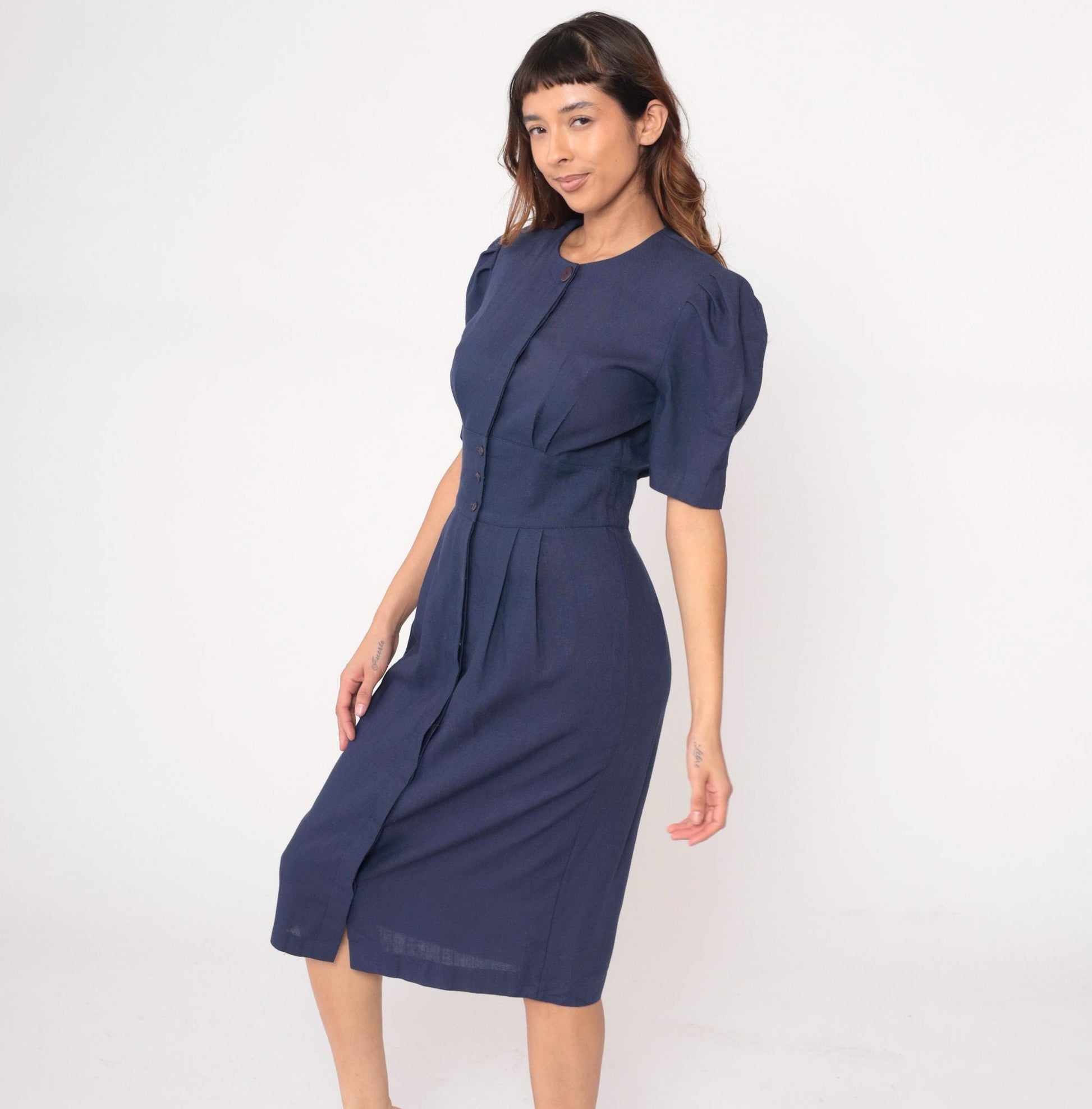 80s Jessica Howard Navy Puff Sleeve Dress Pleated Skirt Shoulder Pads Medium