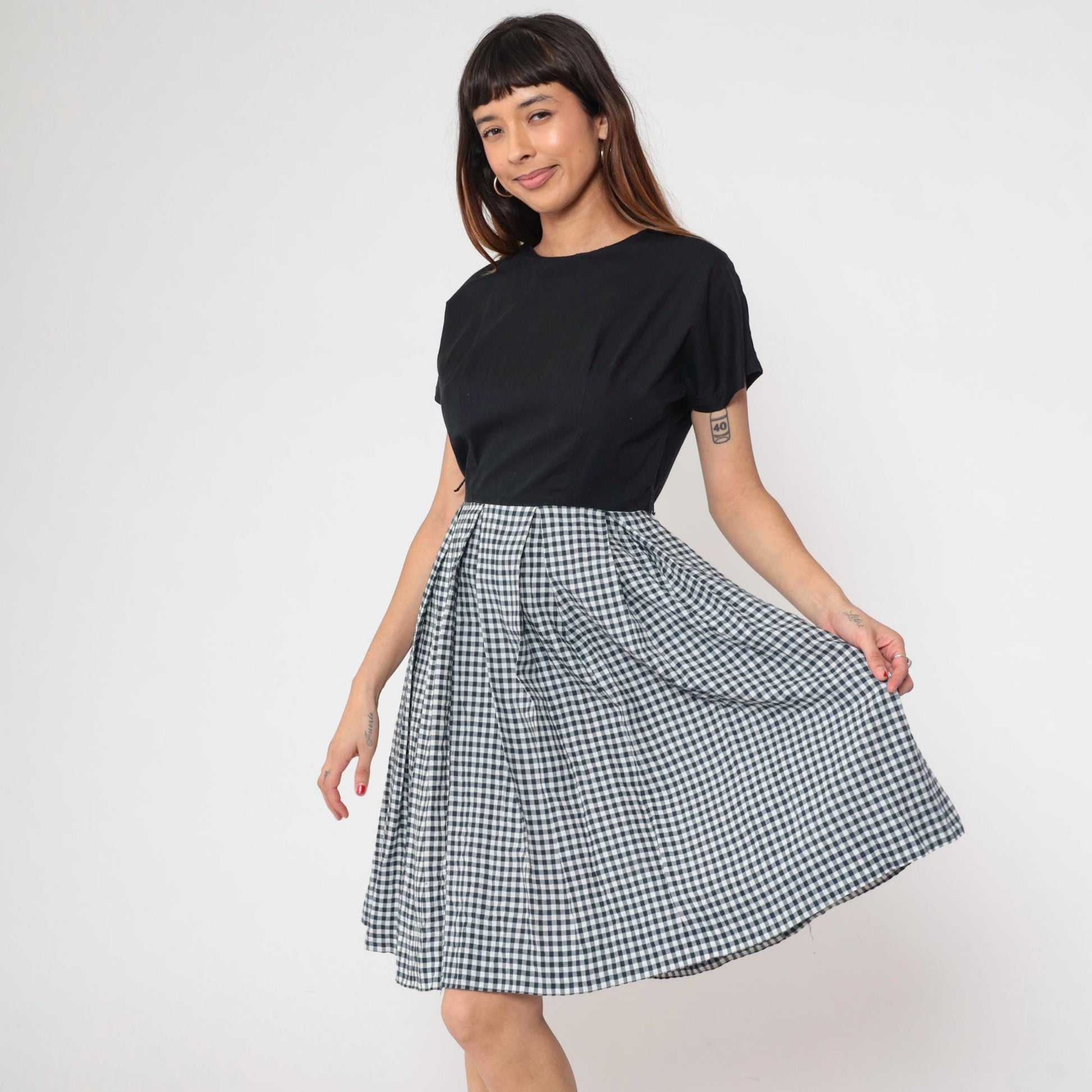 90s Black White Gingham Dress Crew Neck A-Line Knee Length Cotton Medium M