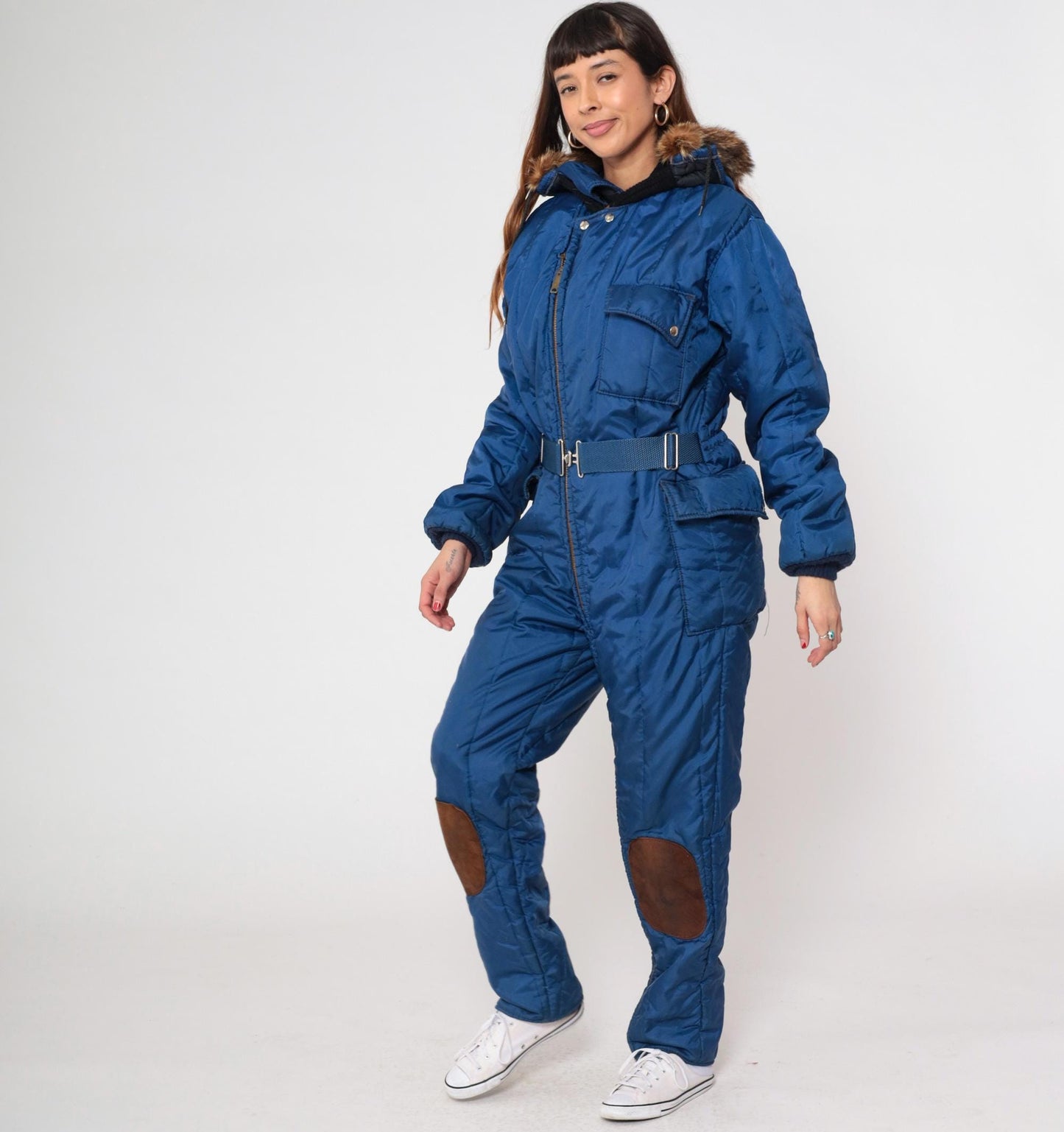 70s Polarware Ski Suit Blue Snowsuit Fur Hood American Flag Mens Medium