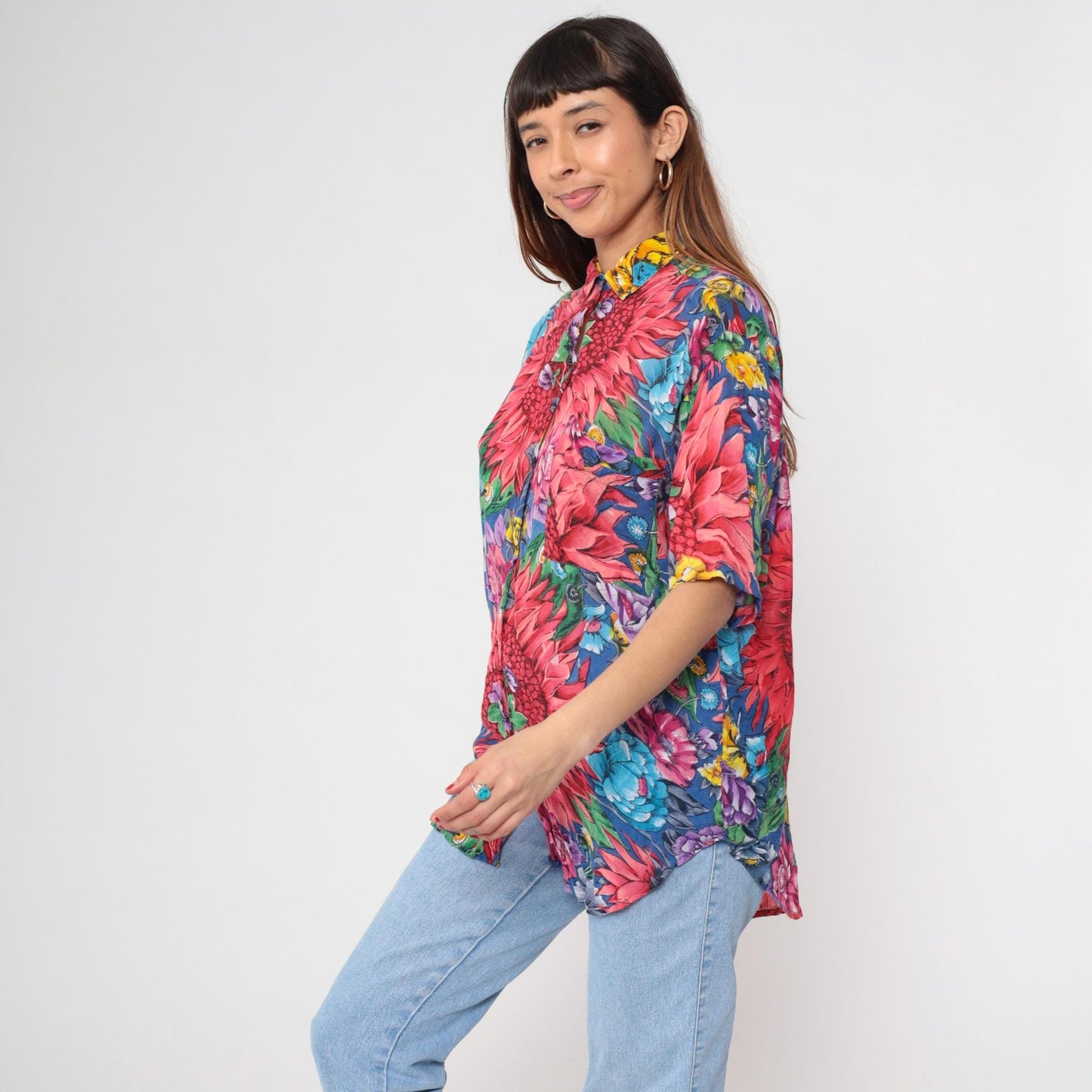 90s Floral Cotton Mandarin Collar Shirt Pink Dahlia Print Large L